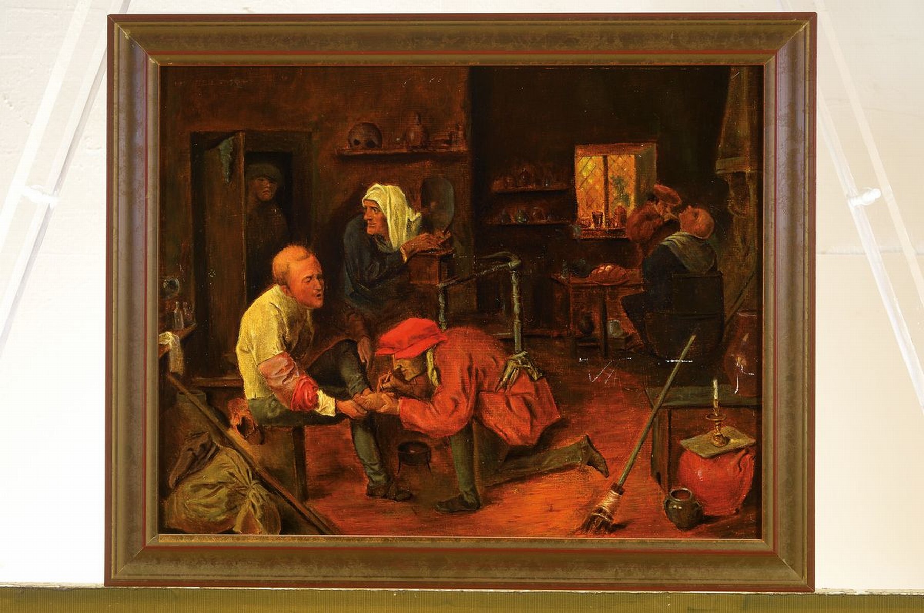 Detail k: Unbekannter Künstler des 19. Jh., Interieur mit Arzt oder Bader bei einem Fuß- und einem Halskranken, Öl/Sperrholz, unsigniert, ca. 30x39cm, R. ...