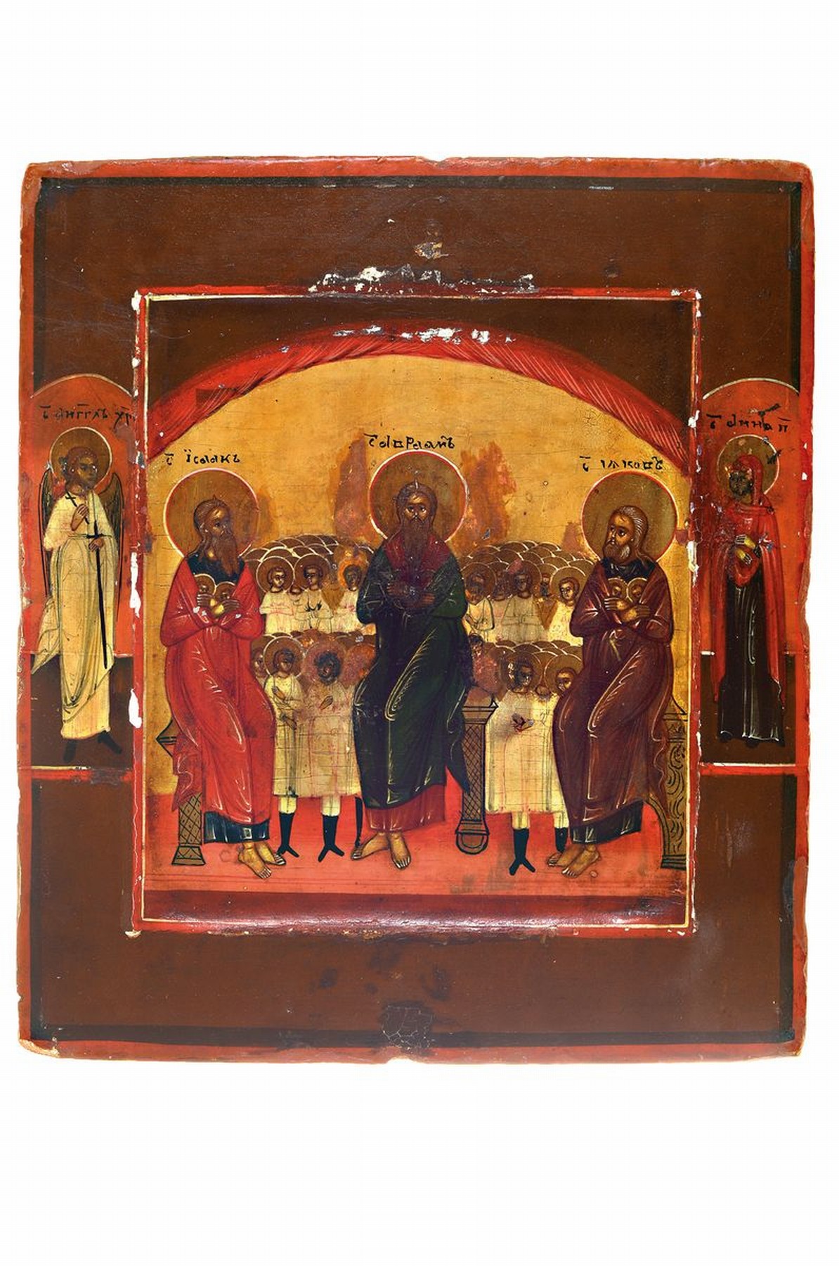 Ikone, Russland, 2. Hälfte 19. Jh., drei Heilige vor einer Heiligenschar, zwei Randheilige, Tempera auf Holz, vertieftes Mittelfeld, kleinere ...