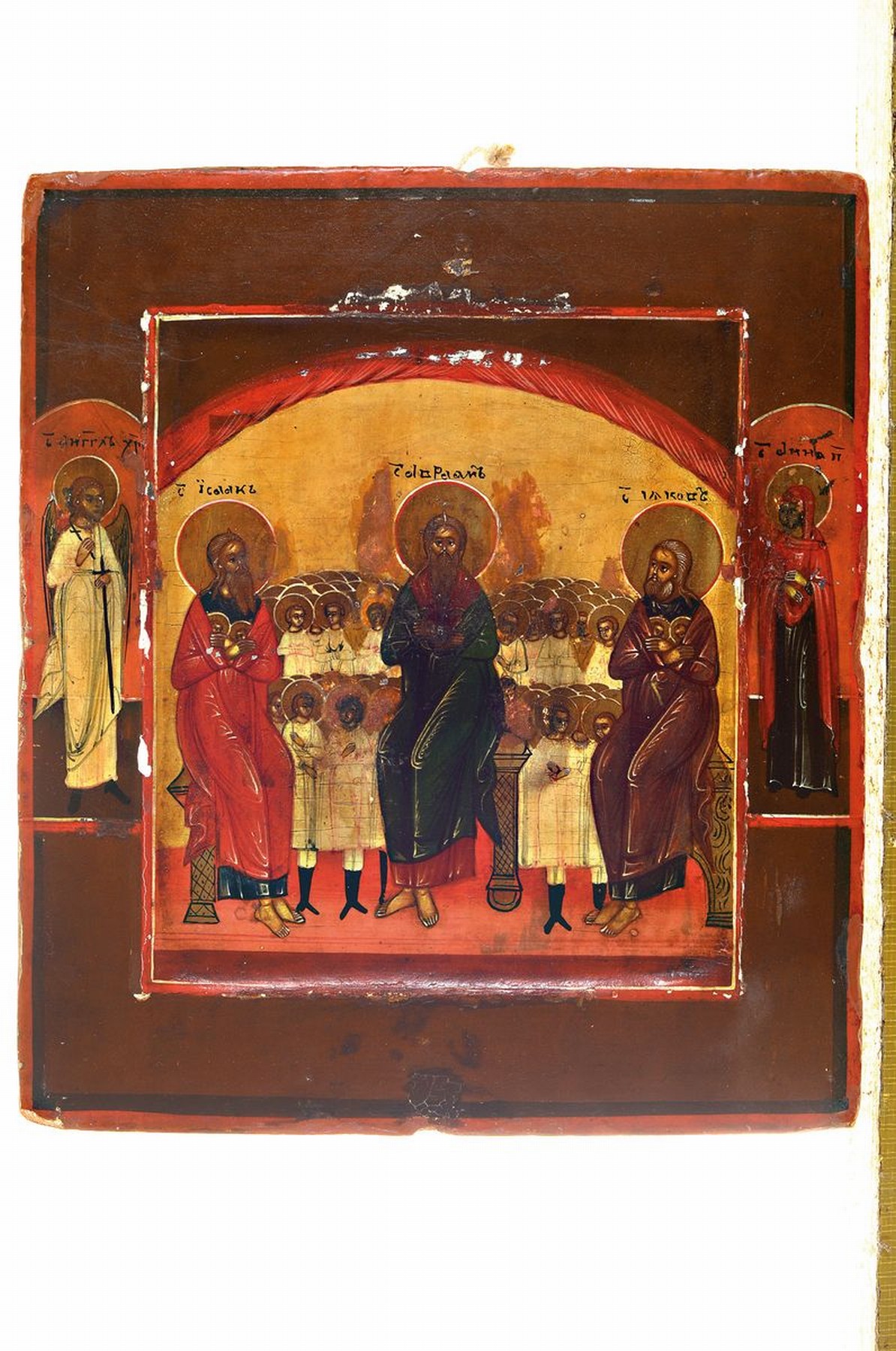 Detail k: Ikone, Russland, 2. Hälfte 19. Jh., drei Heilige vor einer Heiligenschar, zwei Randheilige, Tempera auf Holz, vertieftes Mittelfeld, kleinere ...