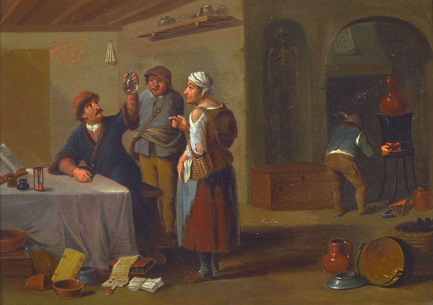 Niederländischer Maler, 2. Hälfte 19. Jh., Interieur mit Verkäuferin von Heiltränken, Öl/Holz, im Stil der niederländischen Malerei des 17. ...