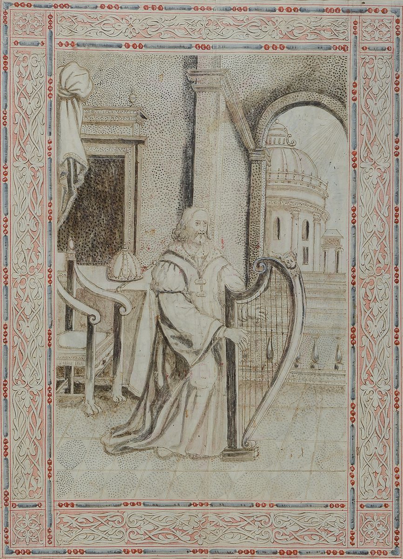 Blatt aus einem Antiphonar, datiert 1626, David spielt die Harfe, schwarz, blau und rot auf Pergament, Rückseite beschriftet, ca. 45x 32cm, u.Gl., ...