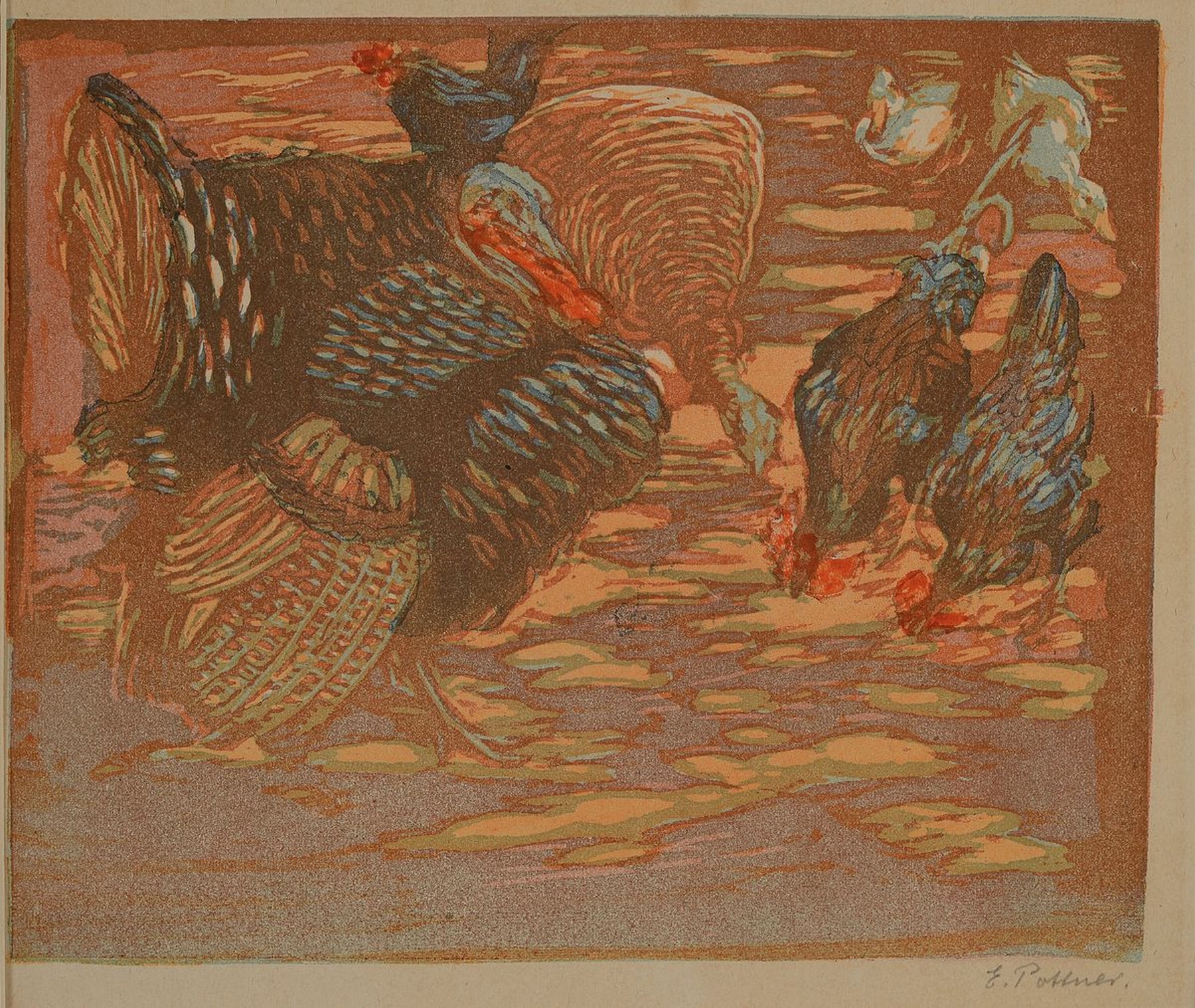 Detail a: Emil Pottner, 1872-1942, 2 Farblithographien, beide handsigniert: Truthähne ca. 18x22cm und Hauswand ca. 28x21cm