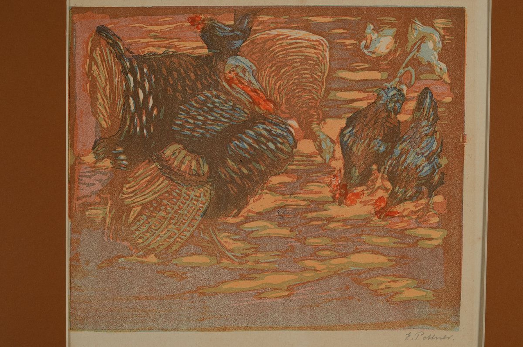 Detail l: Emil Pottner, 1872-1942, 2 Farblithographien, beide handsigniert: Truthähne ca. 18x22cm und Hauswand ca. 28x21cm
