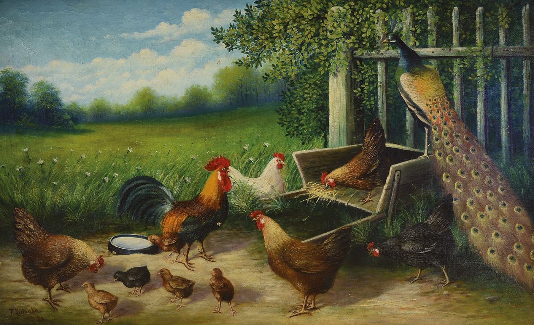 Fritz Zielonka, Anfang 20. Jh.,, Hühnerhof mit Pfau, Öl/Lwd, li. u., signiert und dat. 21, ca. 80 x 130 cm, Rahmen: ca. 100 x 149 cm, l. best., ...