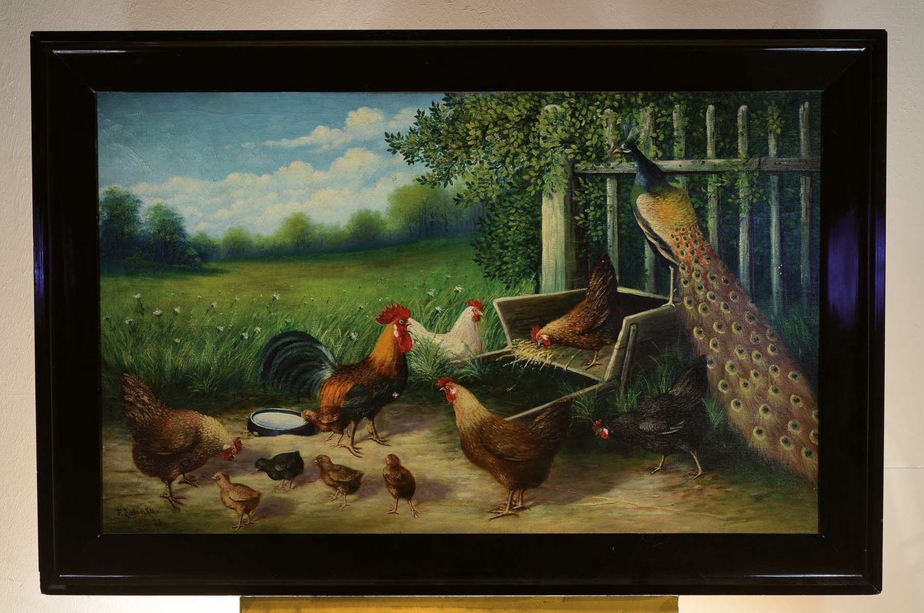 Detail k: Fritz Zielonka, Anfang 20. Jh.,, Hühnerhof mit Pfau, Öl/Lwd, li. u., signiert und dat. 21, ca. 80 x 130 cm, Rahmen: ca. 100 x 149 cm, l. best., ...