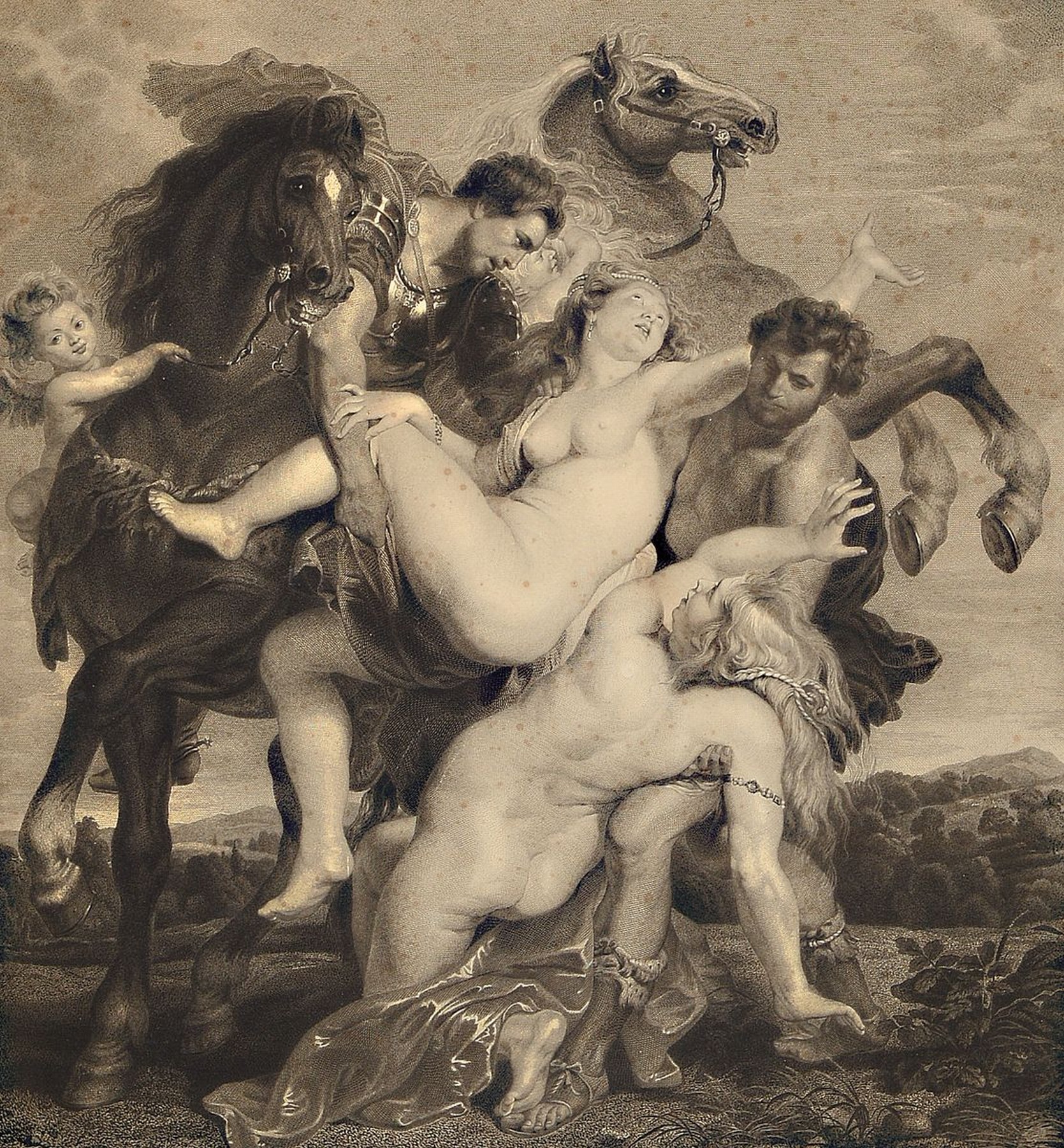 Ferdinand Wolfgang Flachenecker, 1792 Zirndorf-nach 1847, Entführung der Phoebe und Elaira, Raub der Töchter des Leukippos, Lithographie, nach ...