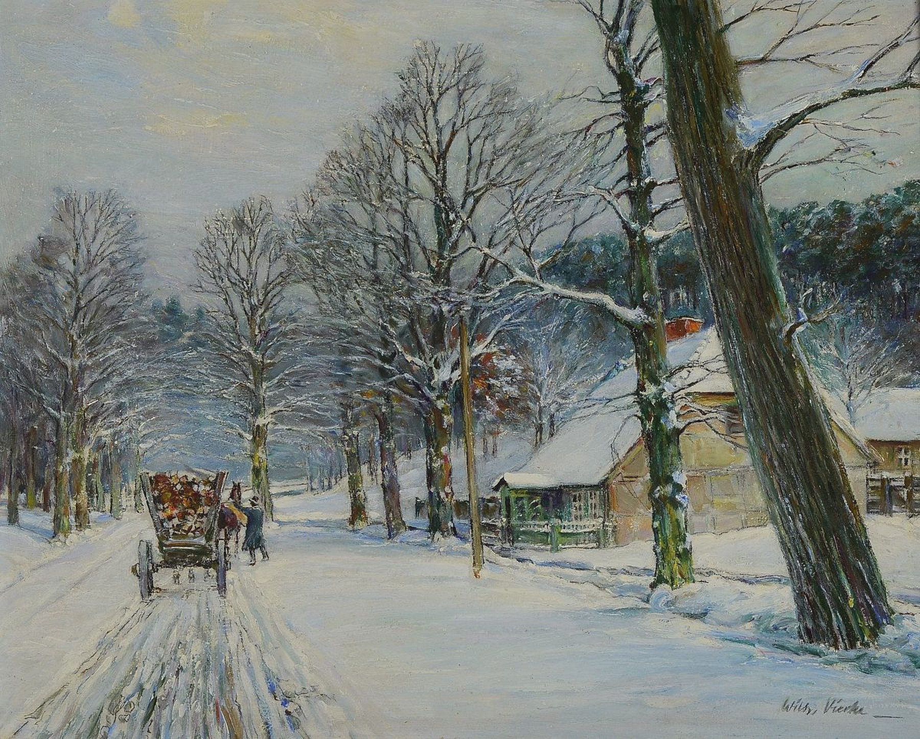 Willi Vierke, Berliner Maler des 19./20. Jh., Winterlandschaft mit Fuhrwerk, Öl/Platte, re. unten signiert, ca. 40 x 50 cm, Rahmen: 50 x 60 cm, l. ...