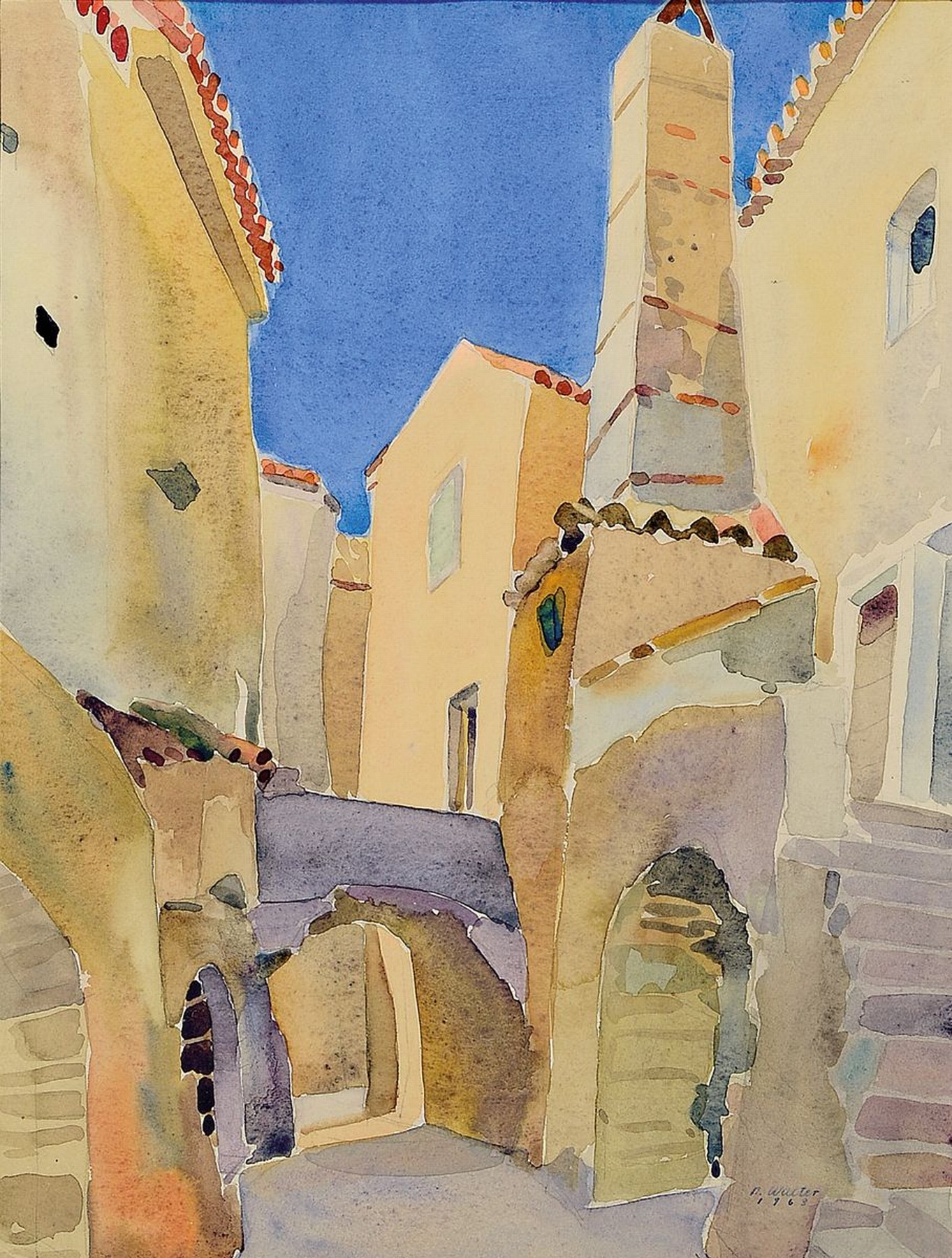 Martha Walter, 1875 - 1976, Aquarell, wohl italienische Straßenansicht, auf Papier, signiert 1963, ca. 29 x 22 cm, unter Glas, Rahmen