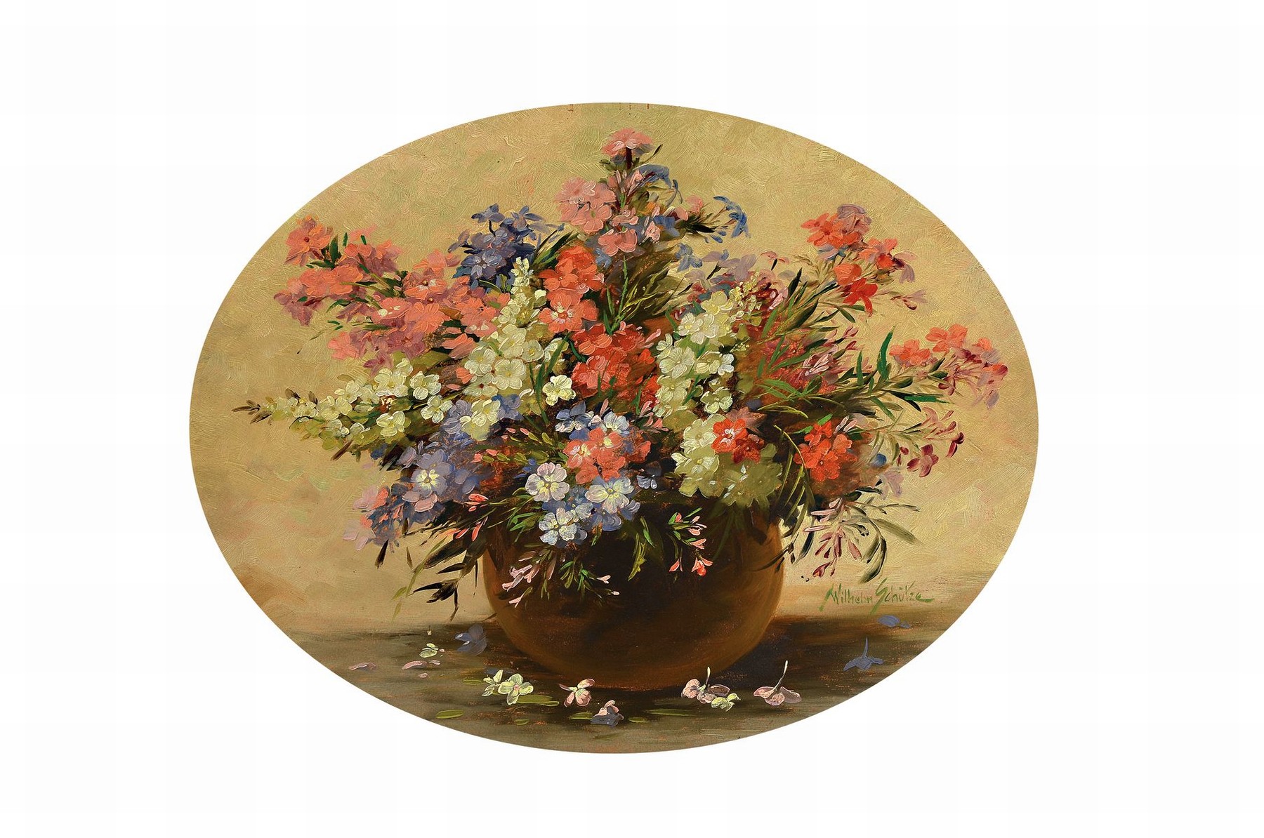Wilhelm Schütze, 1840 Kaufbeuren - 1898 München, Blumenstillleben, Öl/Platte, re. unten signiert, 60 x 60 cm, oval, leichte Farbschäden, leicht ...