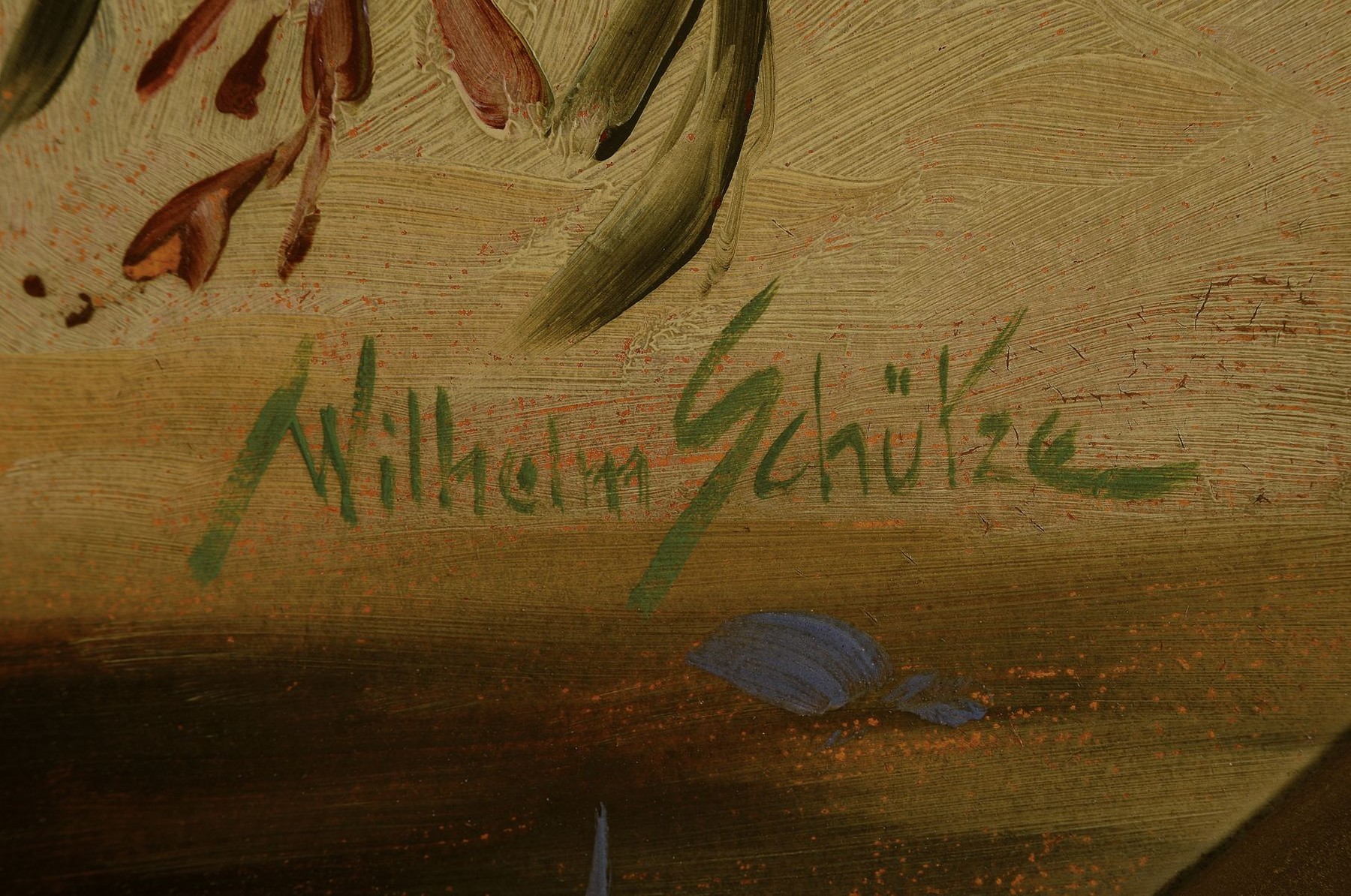 Detail a: Wilhelm Schütze, 1840 Kaufbeuren - 1898 München, Blumenstillleben, Öl/Platte, re. unten signiert, 60 x 60 cm, oval, leichte Farbschäden, leicht ...