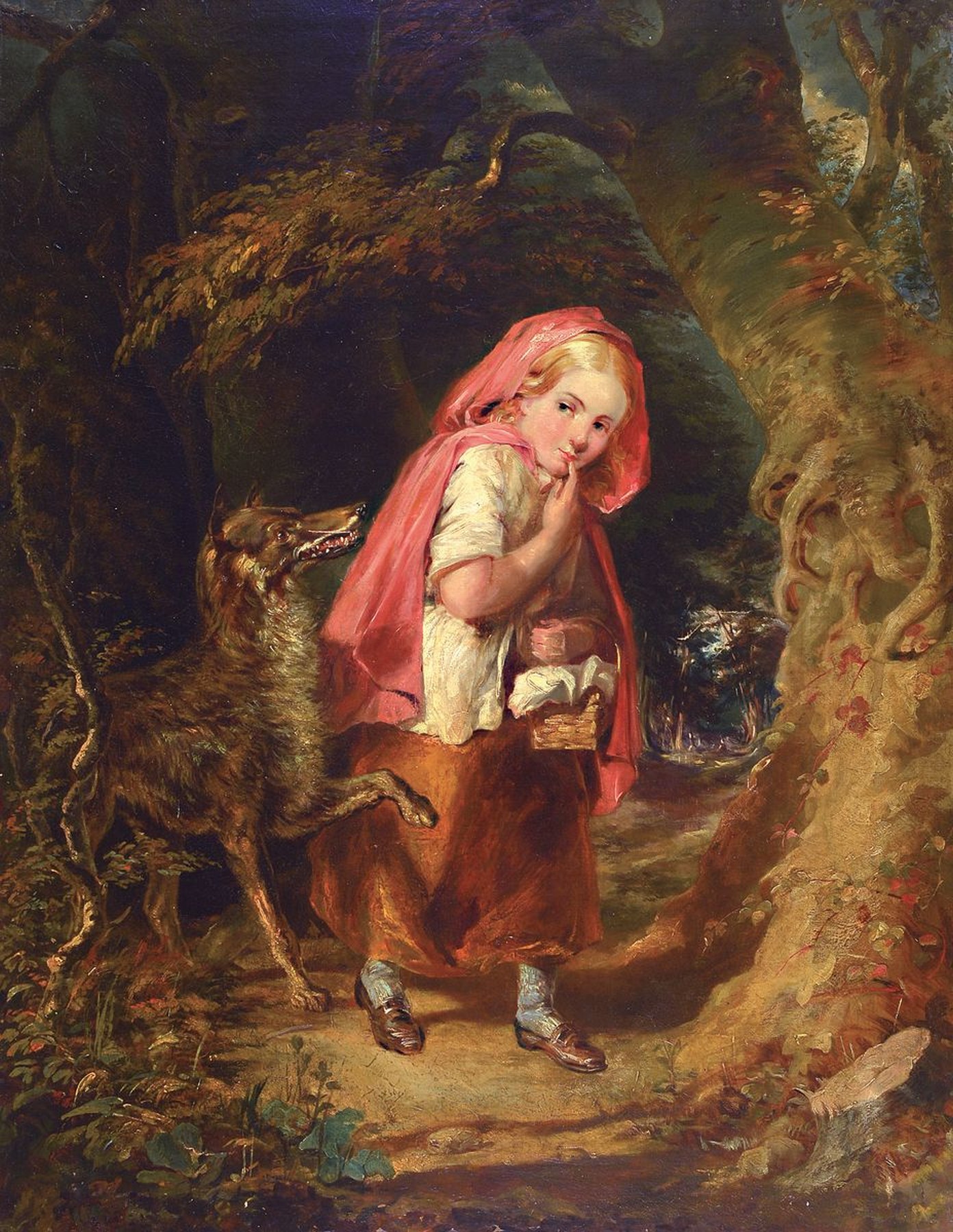 Englischer Maler, um 1860, Rotkäppchen und der Wolf, Öl/Lwd, Rotkäppchen mit leicht geneigtem Kopf und ein freundlich wirkender Wolf mit ...