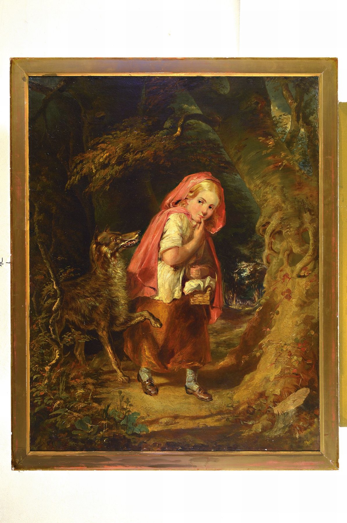 Detail k: Englischer Maler, um 1860, Rotkäppchen und der Wolf, Öl/Lwd, Rotkäppchen mit leicht geneigtem Kopf und ein freundlich wirkender Wolf mit ...