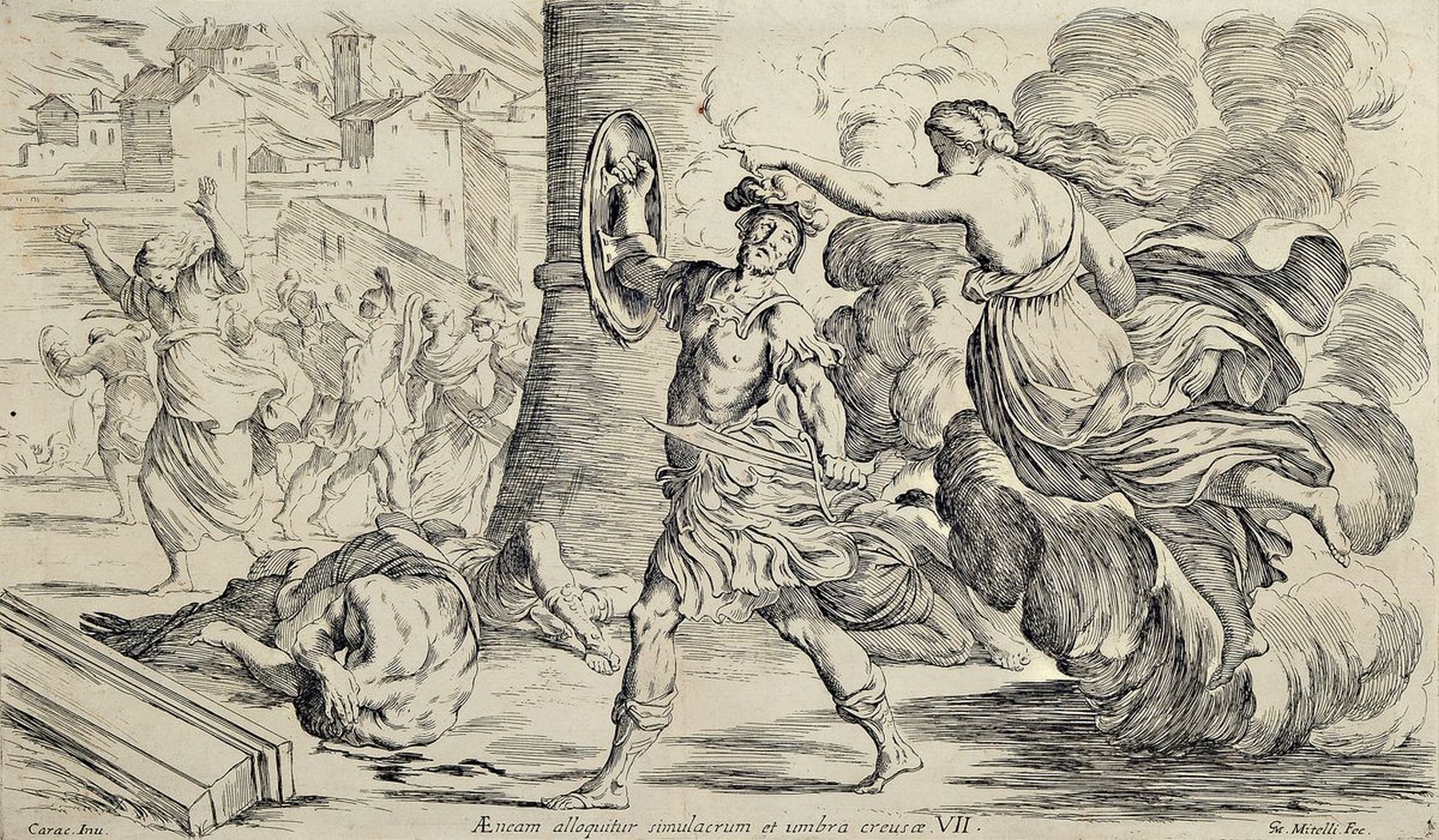 Guiseppe Maria Mitelli, 1663 - 1718, Kupferstich, L'enea vagante, bet. "Aeneam alloquitur simulacrum et umbra creusae VII", bez. GM. ...