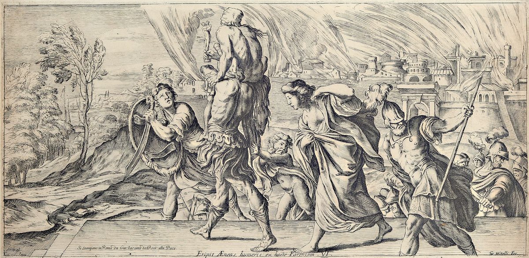 Guiseppe Maria Mitelli, 1634 - 1718, Kupferstich, "Eripit Aenas humeris ex hoste Parentem VI.", sign. GM Mitelli fec., ca. 25 x50 cm, ...