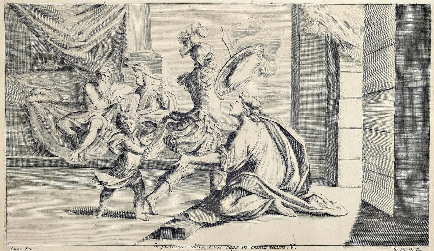 Guiseppe Maria Mitelli, 1634 - 1718, Kupferstich, "Si periturus et nos rape in omnia fecum.V." sign. GM Mitelli fec., ca. 24.5 x 42 cm, ...