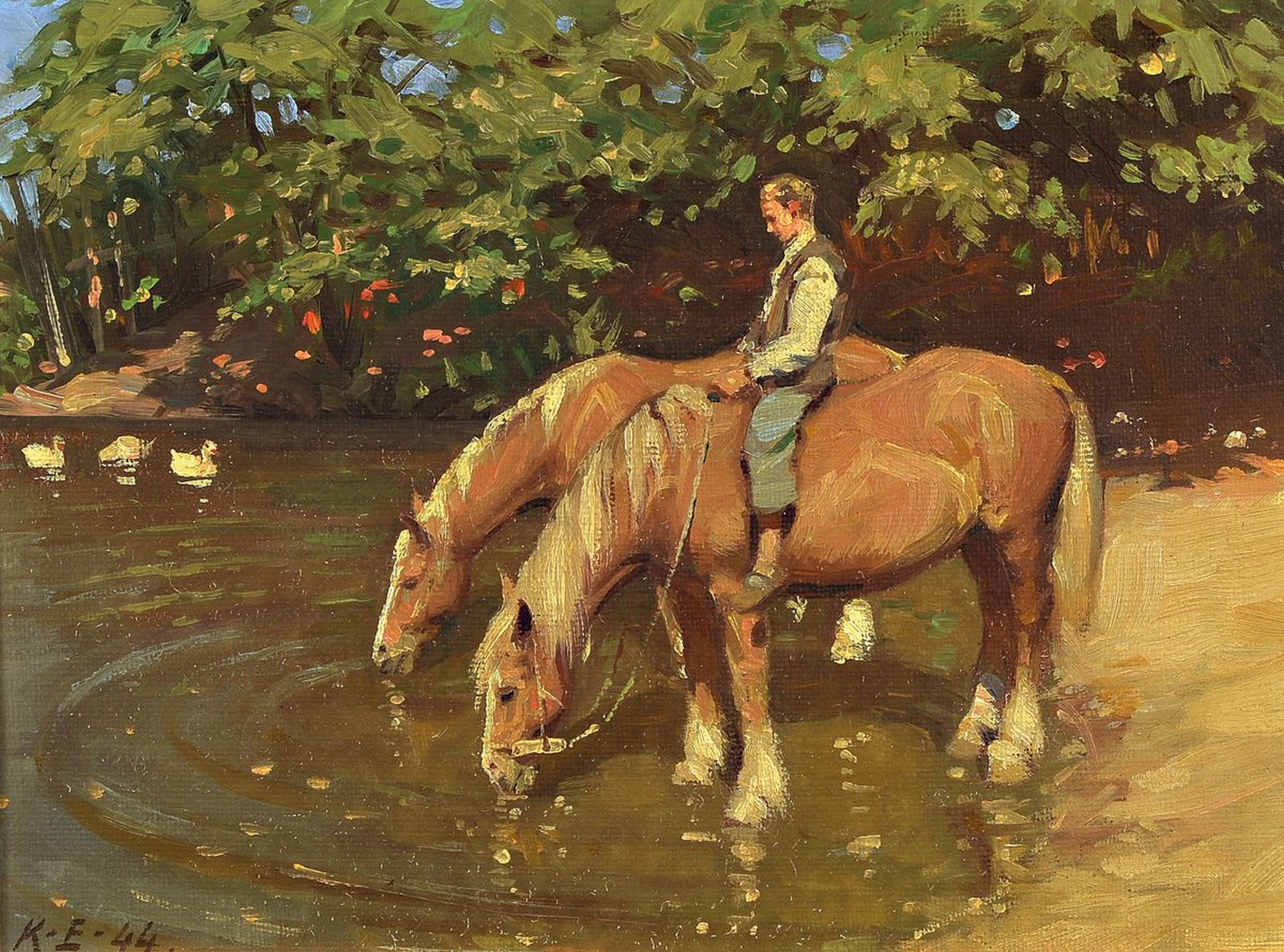 Kaj Ejstrup, 1902 Kopenhagen - 1956, Reiter am Fluss mit zwei Pferden, Öl/Malkarton, li. unten monogrammiert K.E. 44, ca. 30 x 40 cm, Rahmen: 44 x ...