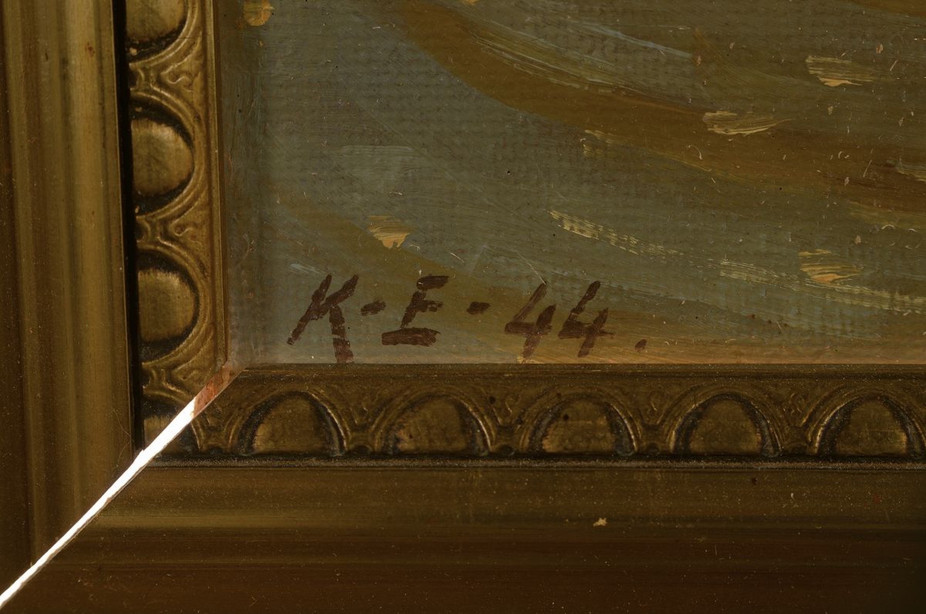 Detail c: Kaj Ejstrup, 1902 Kopenhagen - 1956, Reiter am Fluss mit zwei Pferden, Öl/Malkarton, li. unten monogrammiert K.E. 44, ca. 30 x 40 cm, Rahmen: 44 x ...