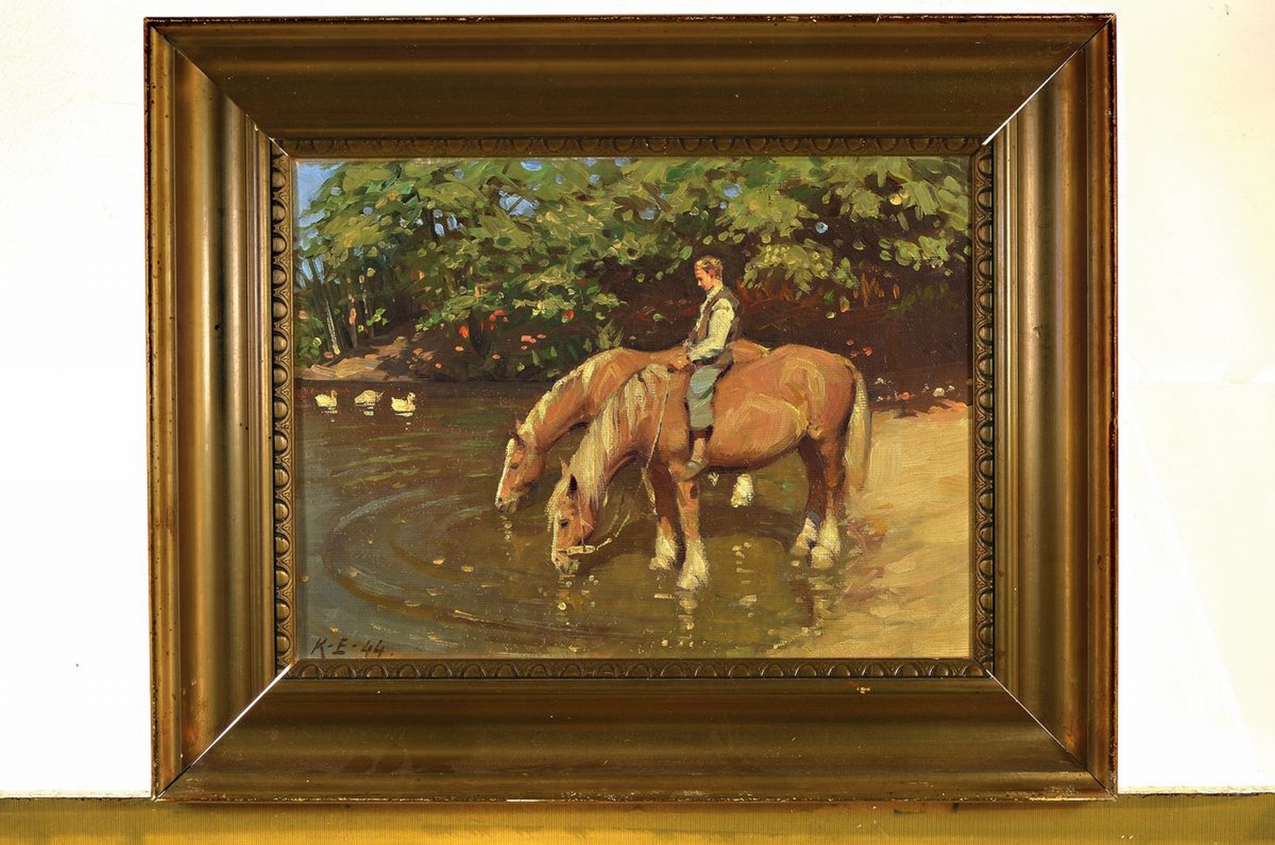 Detail k: Kaj Ejstrup, 1902 Kopenhagen - 1956, Reiter am Fluss mit zwei Pferden, Öl/Malkarton, li. unten monogrammiert K.E. 44, ca. 30 x 40 cm, Rahmen: 44 x ...