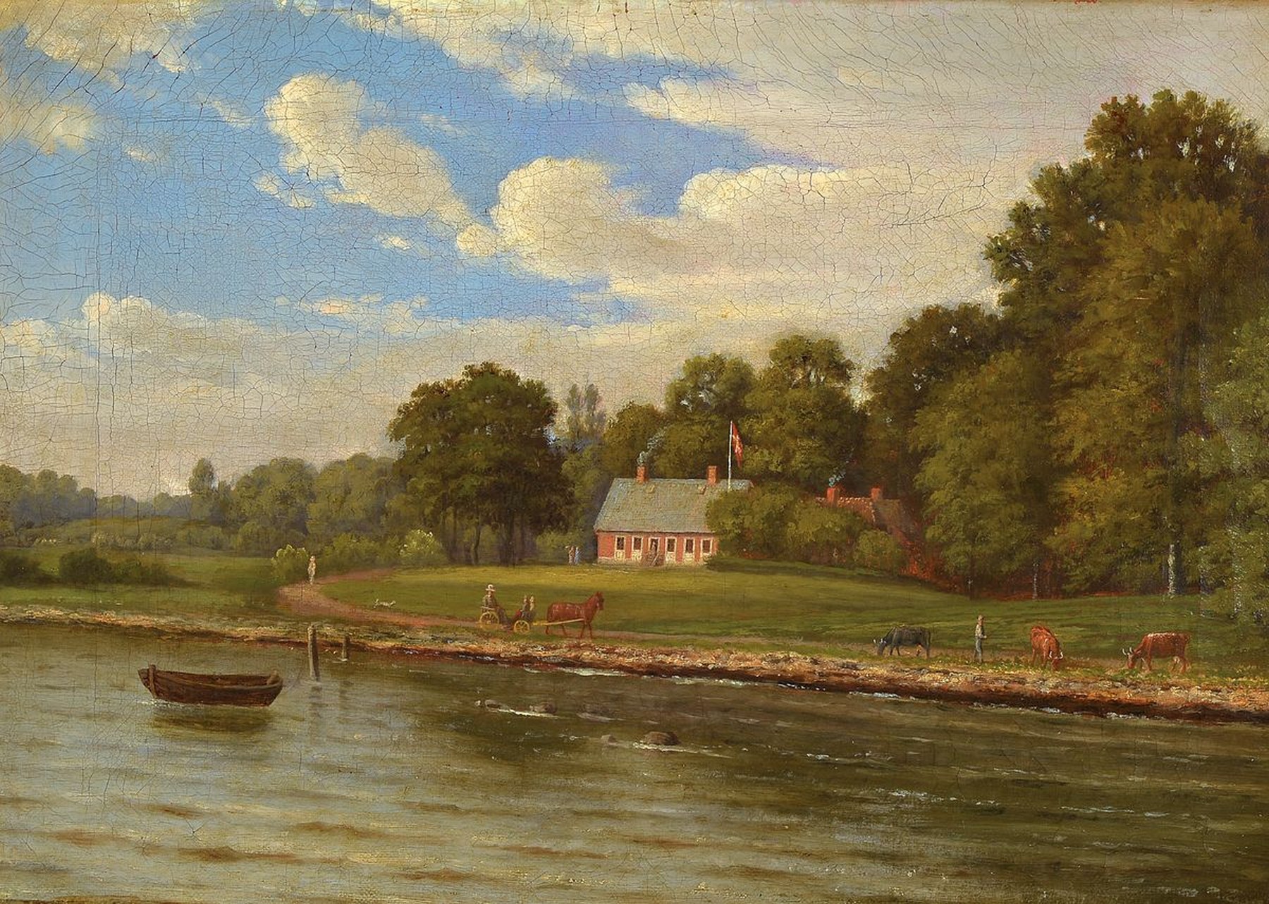 wohl Dänischer Künstler, um 1840, Flußlandschaft mit Fuhrwerk und Bauer mit Kühen, Öl/Lwd, unsigniert, krakeliert bzw. Altersspuren, ca. 29 x 42 ...