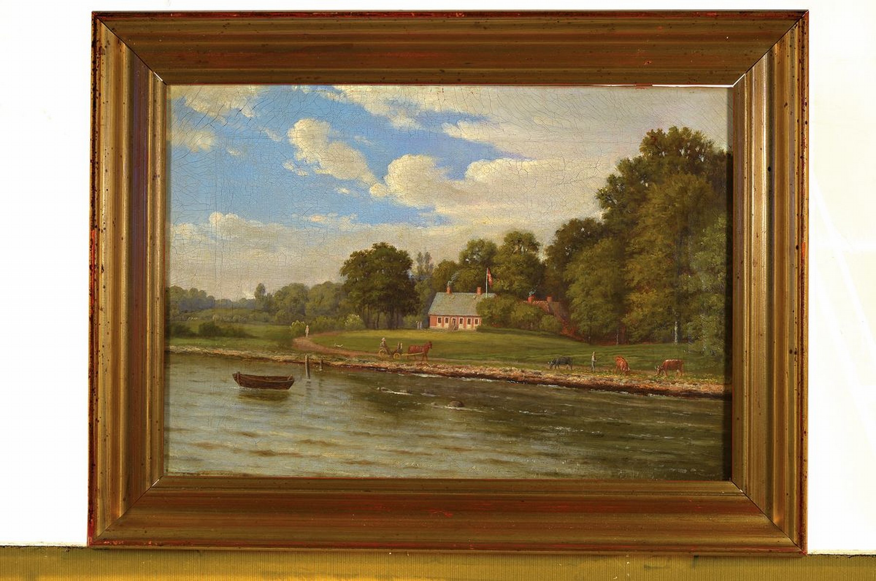 Detail k: wohl Dänischer Künstler, um 1840, Flußlandschaft mit Fuhrwerk und Bauer mit Kühen, Öl/Lwd, unsigniert, krakeliert bzw. Altersspuren, ca. 29 x 42 ...