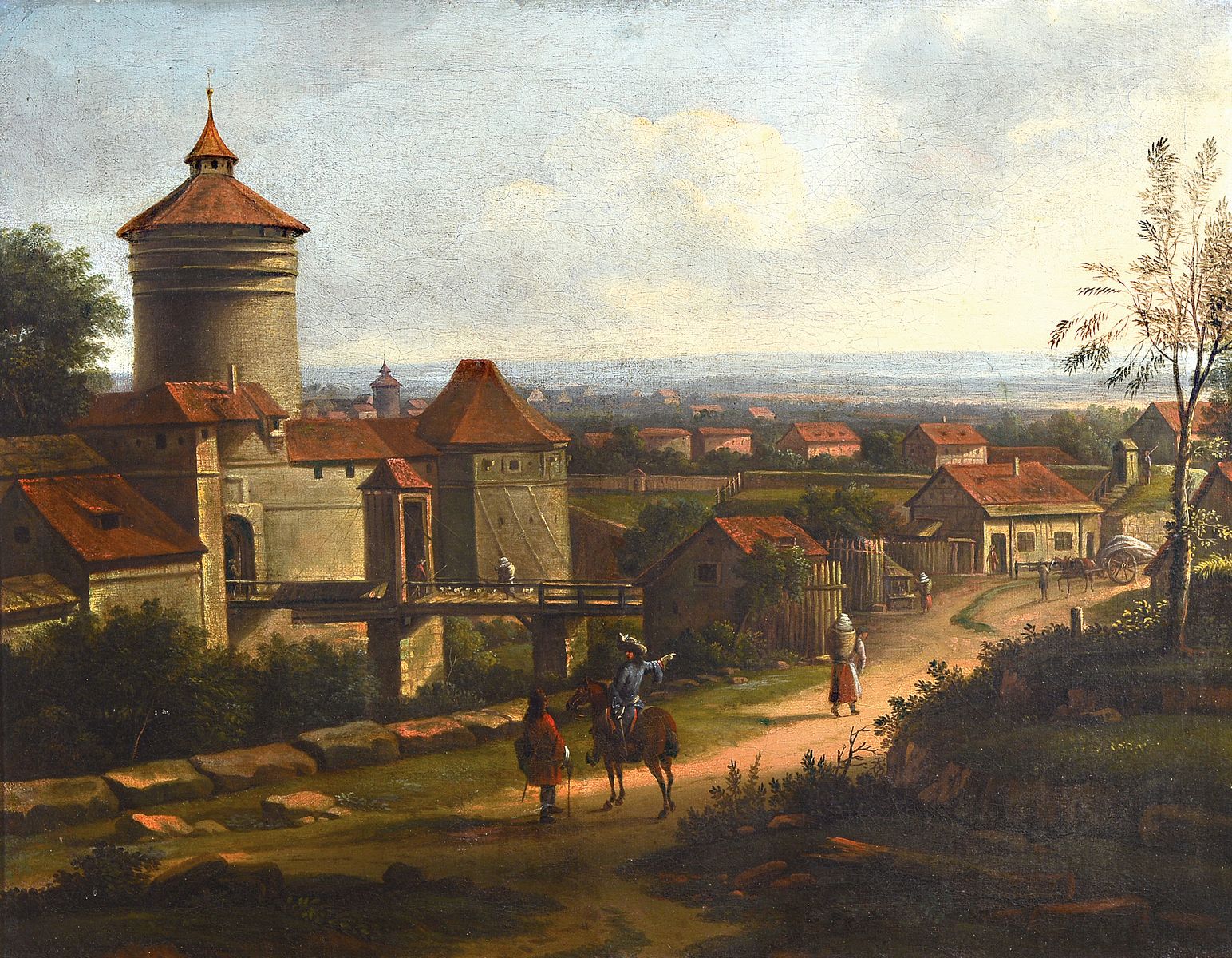 Zuschreibung Peter van Bemmel, 1685 Nürnberg - Regensburg 1754, Stadtansicht von Nürnberg mit Spittlerturm, im Vordergrund Edelmann zu Pferd und zu ...