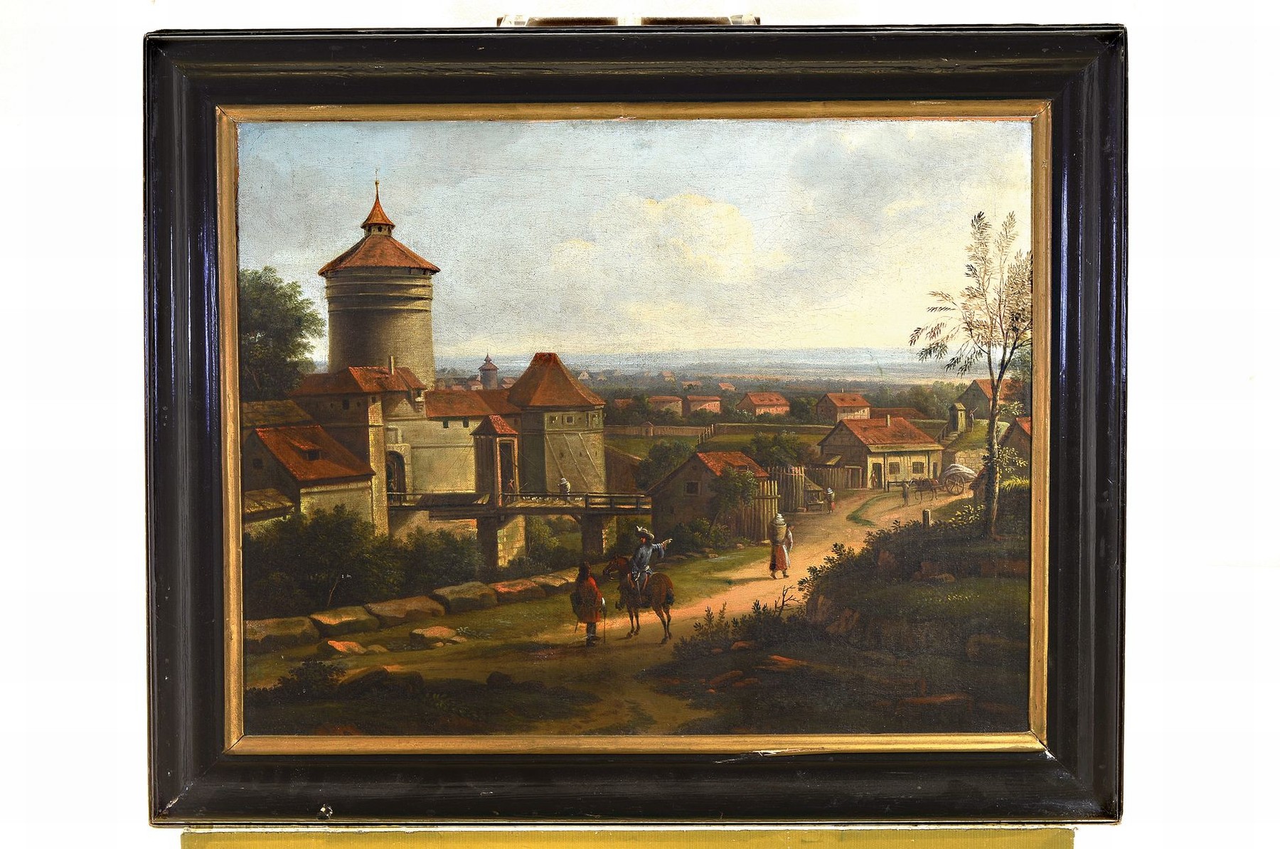 Detail k: Zuschreibung Peter van Bemmel, 1685 Nürnberg - Regensburg 1754, Stadtansicht von Nürnberg mit Spittlerturm, im Vordergrund Edelmann zu Pferd und zu ...