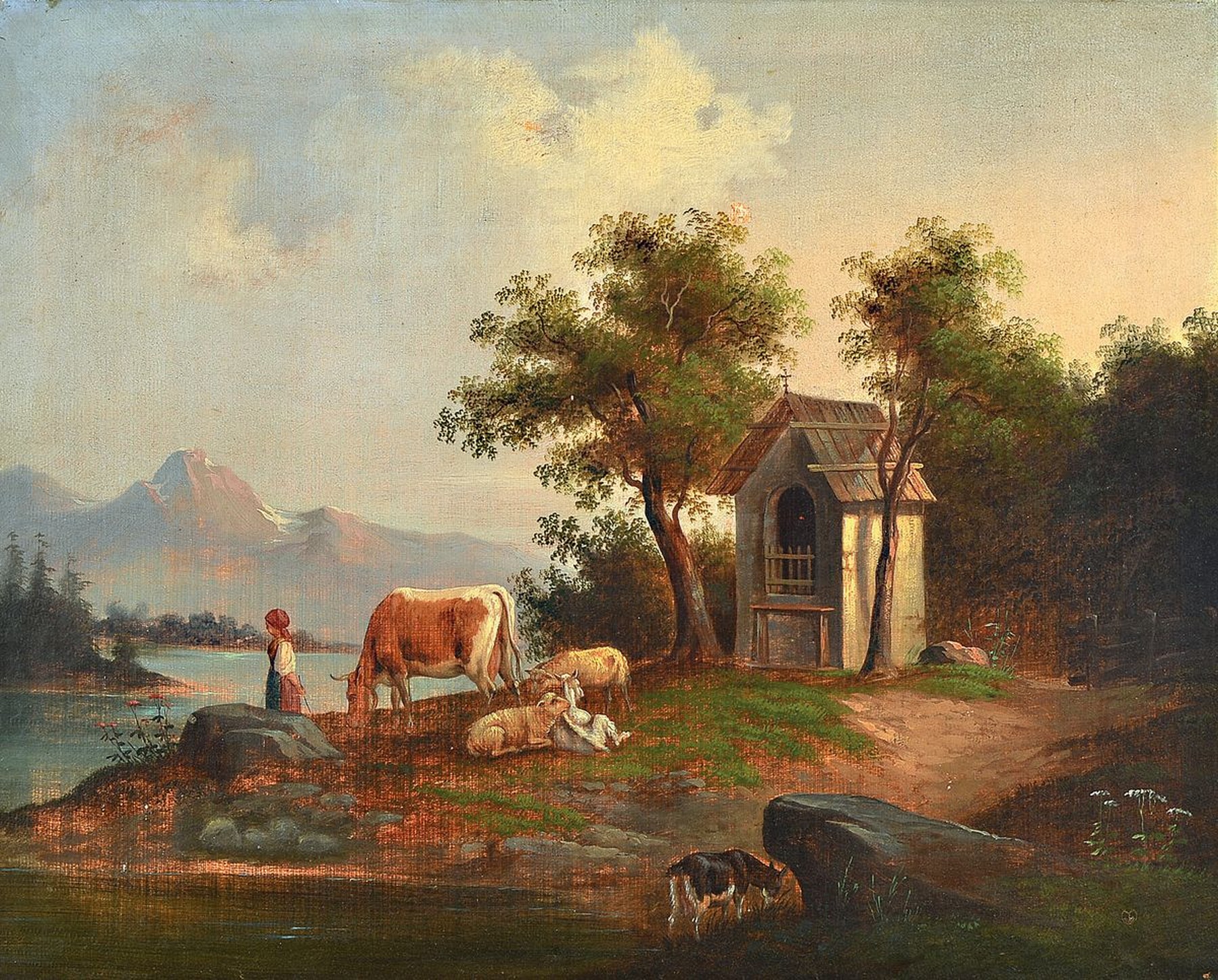 Süddeutscher Maler, um 1850/50, auf Rahmen Lorenzo Quaglio bezeichnet, süddeutsche Alpenlandschaft am See, mit Bäuerin und Tieren, Öl/Lwd, ...