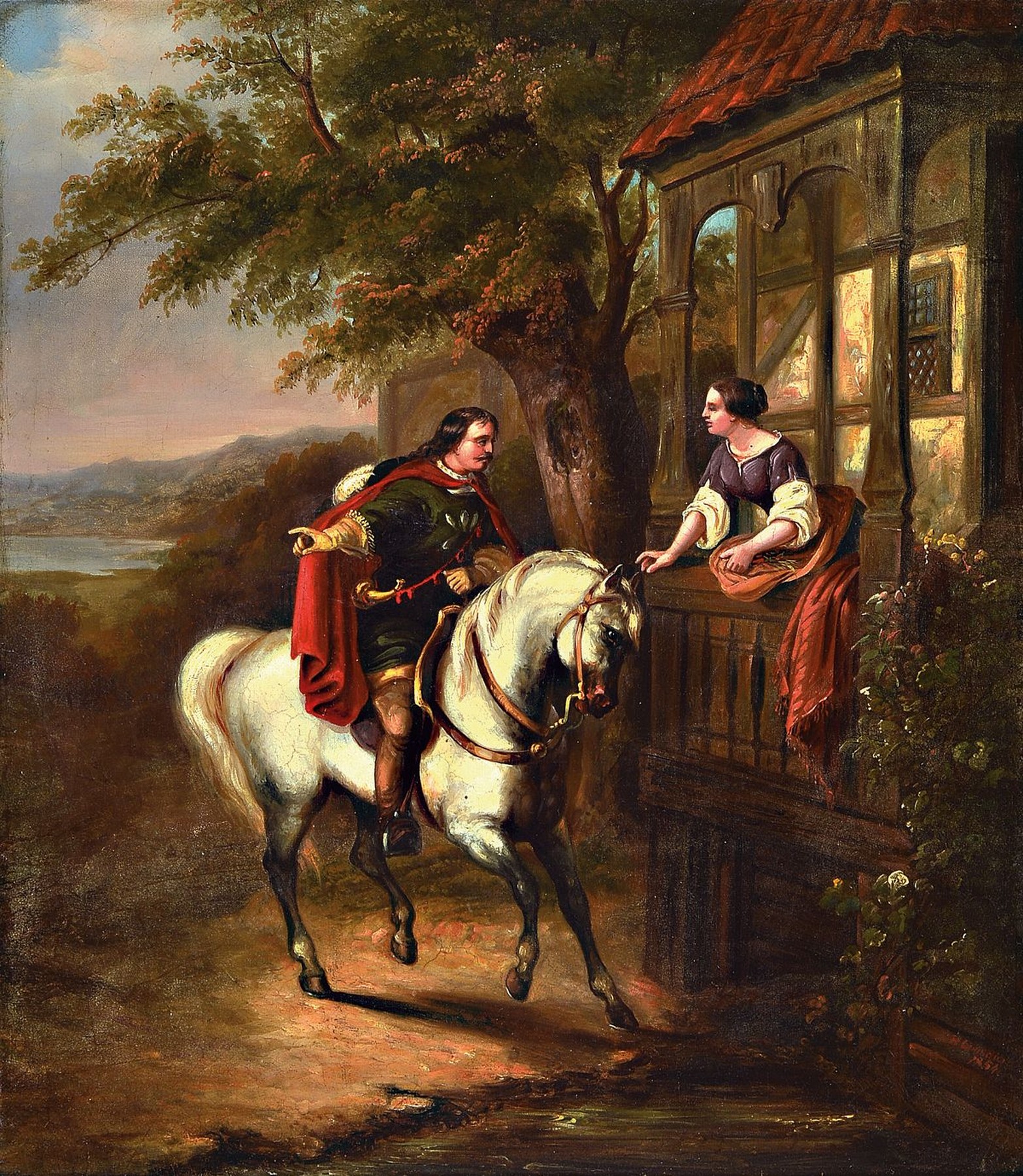 Hermann Looschen, 1838-1891, Reiter zu Pferd überbringt eine Botschaft, Öl/Lwd, im Hintergrund Voralpenlandschaft und See, signiert und dat., ...