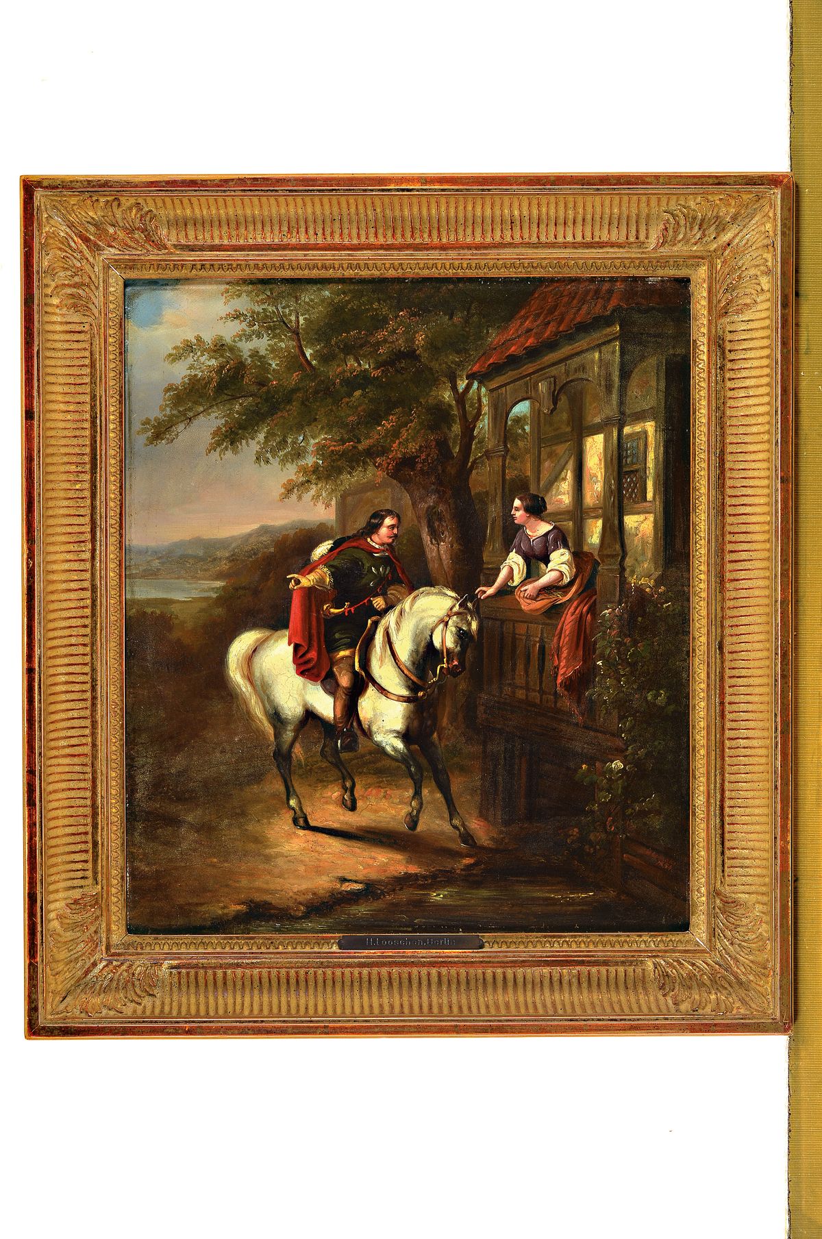 Detail k: Hermann Looschen, 1838-1891, Reiter zu Pferd überbringt eine Botschaft, Öl/Lwd, im Hintergrund Voralpenlandschaft und See, signiert und dat., ...