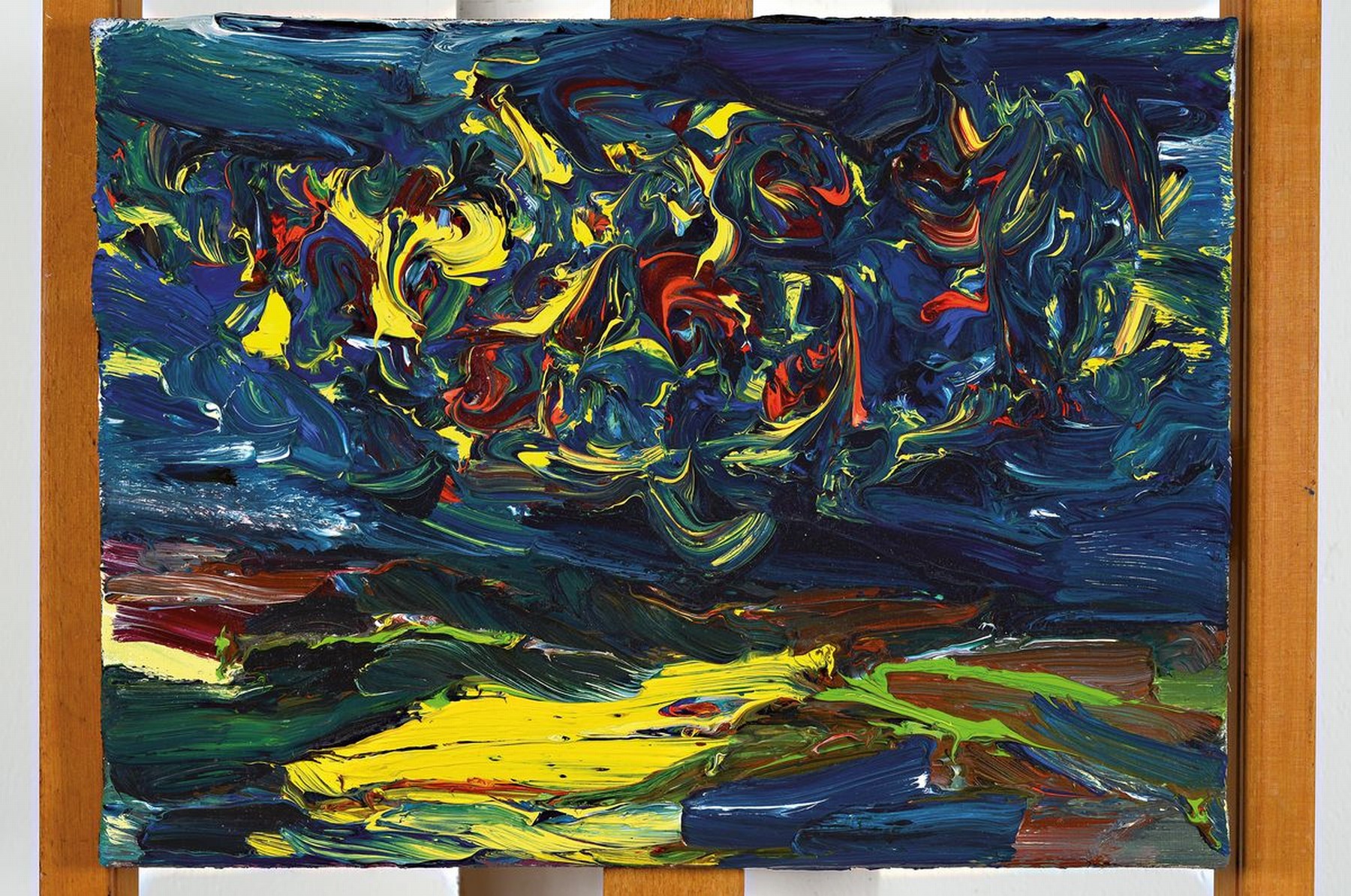 Detail k: Harry Meyer, geb. 1960 Neumarkt/Oberpfalz, abstr. Landschaft, pastoser Farbauftrag auf Leinwand, Öl, rückseitig signiert Harry M. und dat. 10/2004, ...