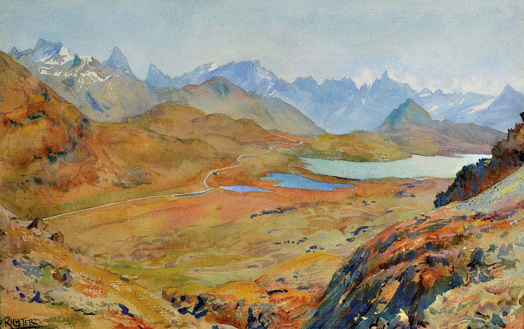 Bruno Richter, 1872 Halle, Gebirgslandschaft, Aquarell, li. unten signiert, unter Glas, PP, ca. 29 x 46 cm/46.5 x 63cm, Glas, an der Ecke gesprungen