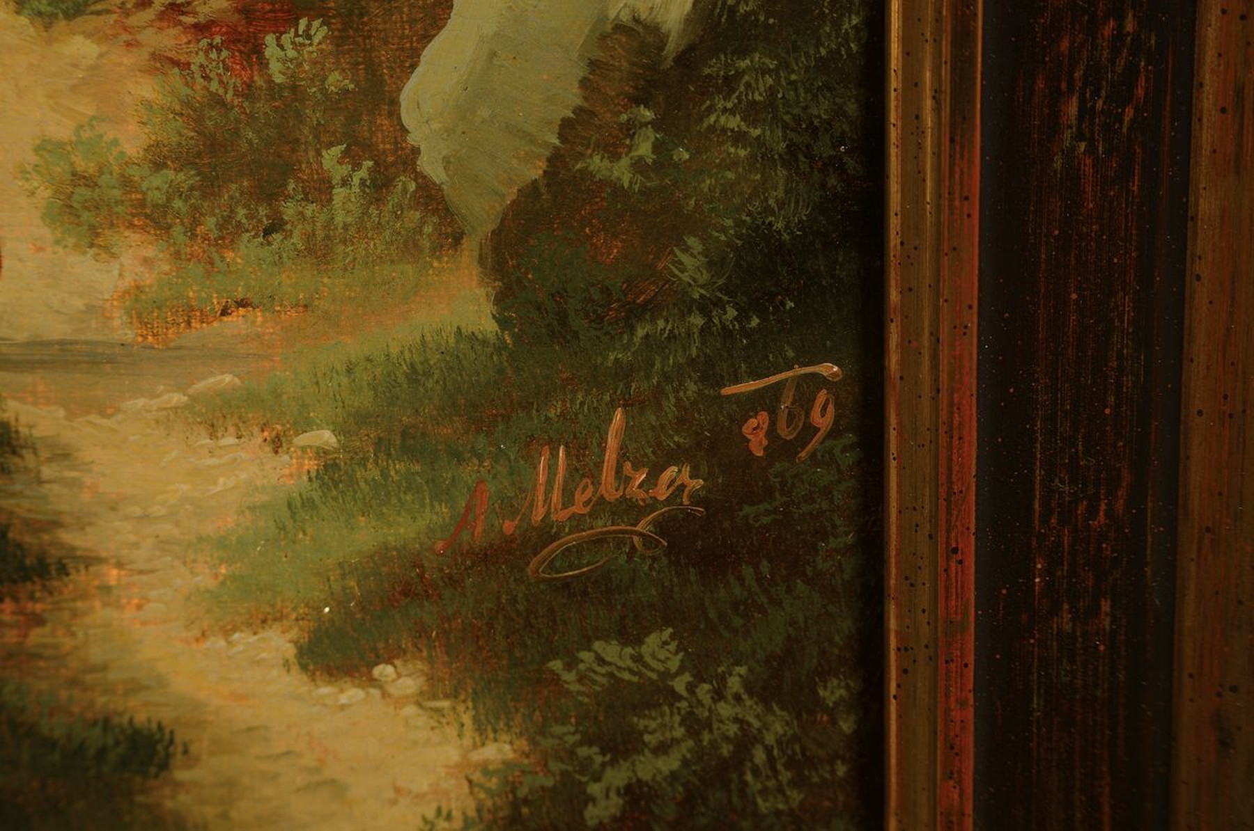 Detail a: G. Melzer, Spätromantischer Maler, 2. Hälfte 19. Jh., romantische Alpenlandschaft signiert, ca.55 x 68 cm, Rahmen verso unleserlich auf Klebezettel ...