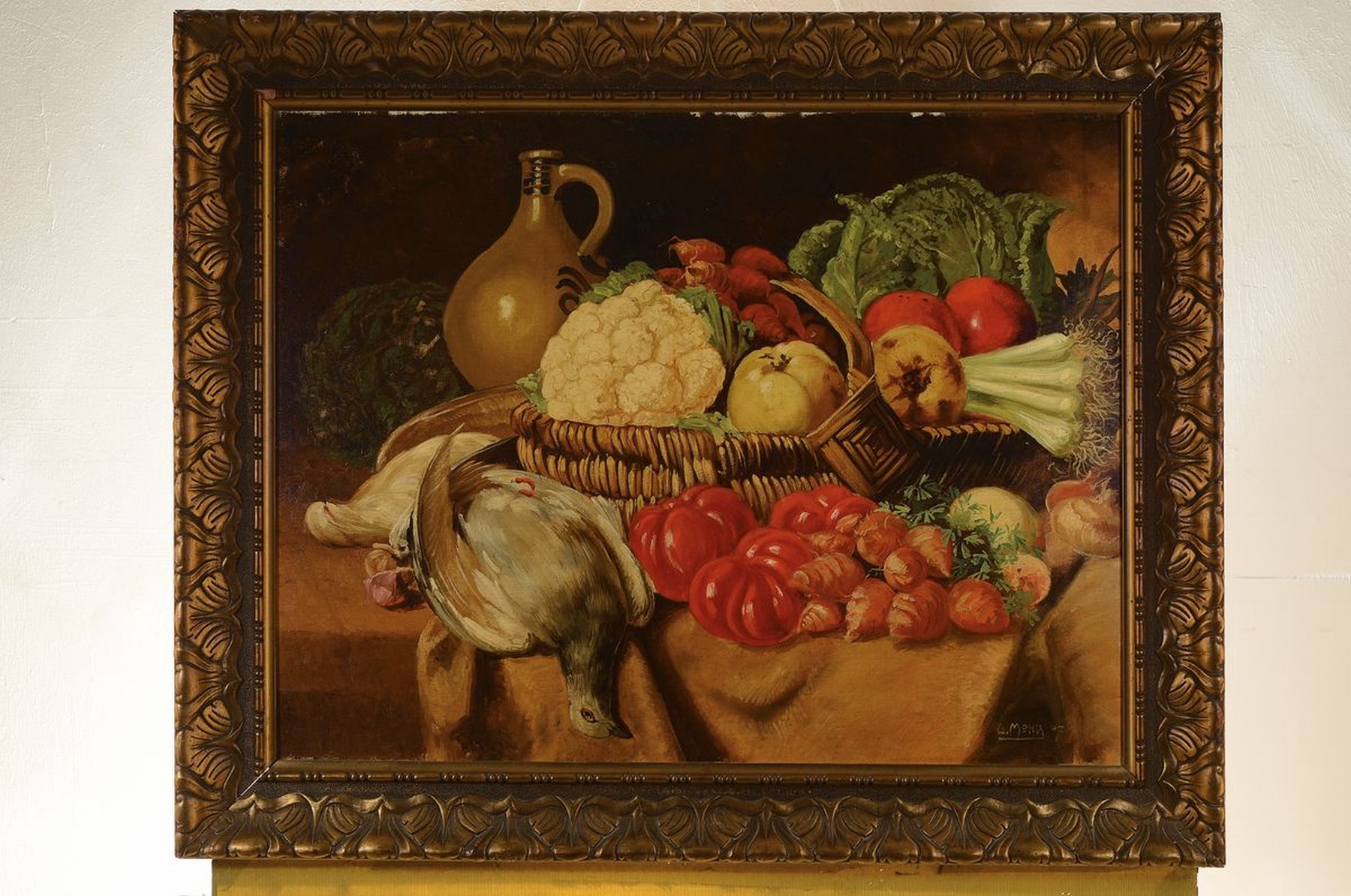 Detail k: G. Mohr, Anfang 20. Jh., Stillleben mit Blumenkohl und Steinzeugkanne, Öl/Malkarton, signiert und dat. 07, ca. 51 x 67 cm