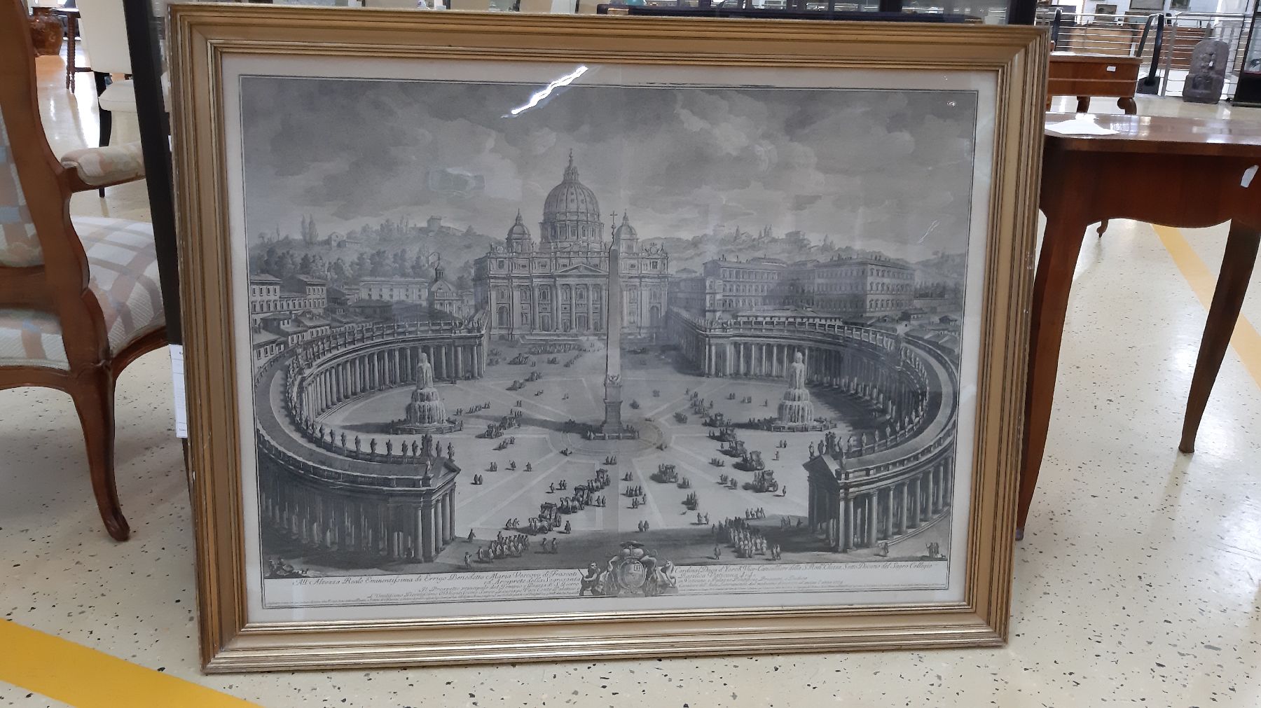 Detail a: Guiseppe Vasi, 1710 - 1782, Il Prospetto principale del Tempio e Piazza di S Pietro in Vaticano, 1774, Kupferstich, zweiteilig, altersbedingt ...