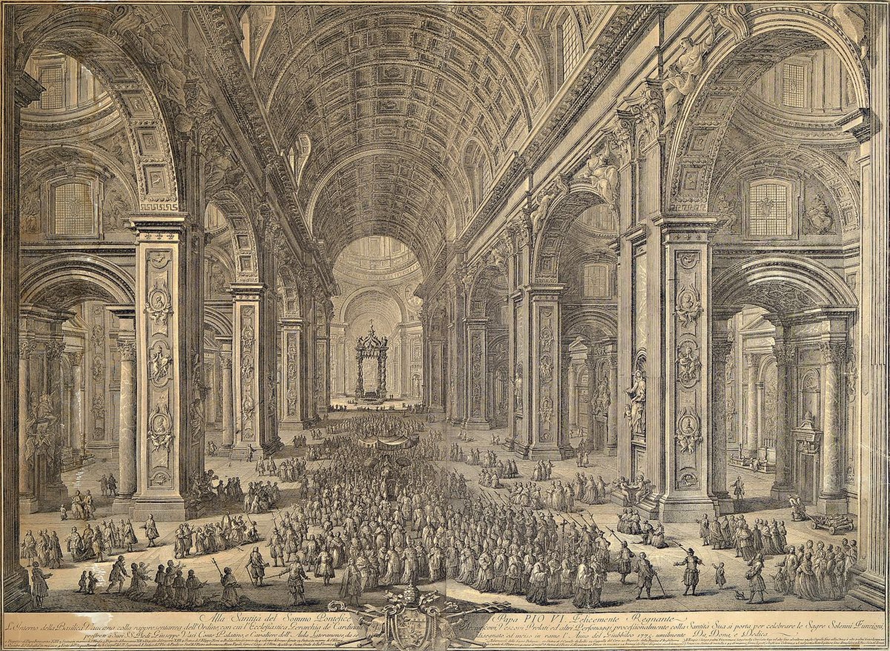 Guiseppe Vasi, 1710 Corleone - Rom 1782, L'inferno della Basilica Vaticana, 1774, Kupferstich, zweiteilig, mit Deckweiß übermalte ...