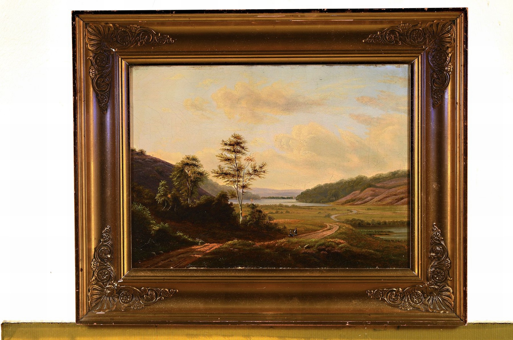Detail k: Frederik Christian Kiarskou, 1805 Kopenhagen - 1891, zugeschrieben, dänische Heidelandschaft mit Spaziergängern, Öl/Lwd, ca. 30 x 42 cm, Reste von ...
