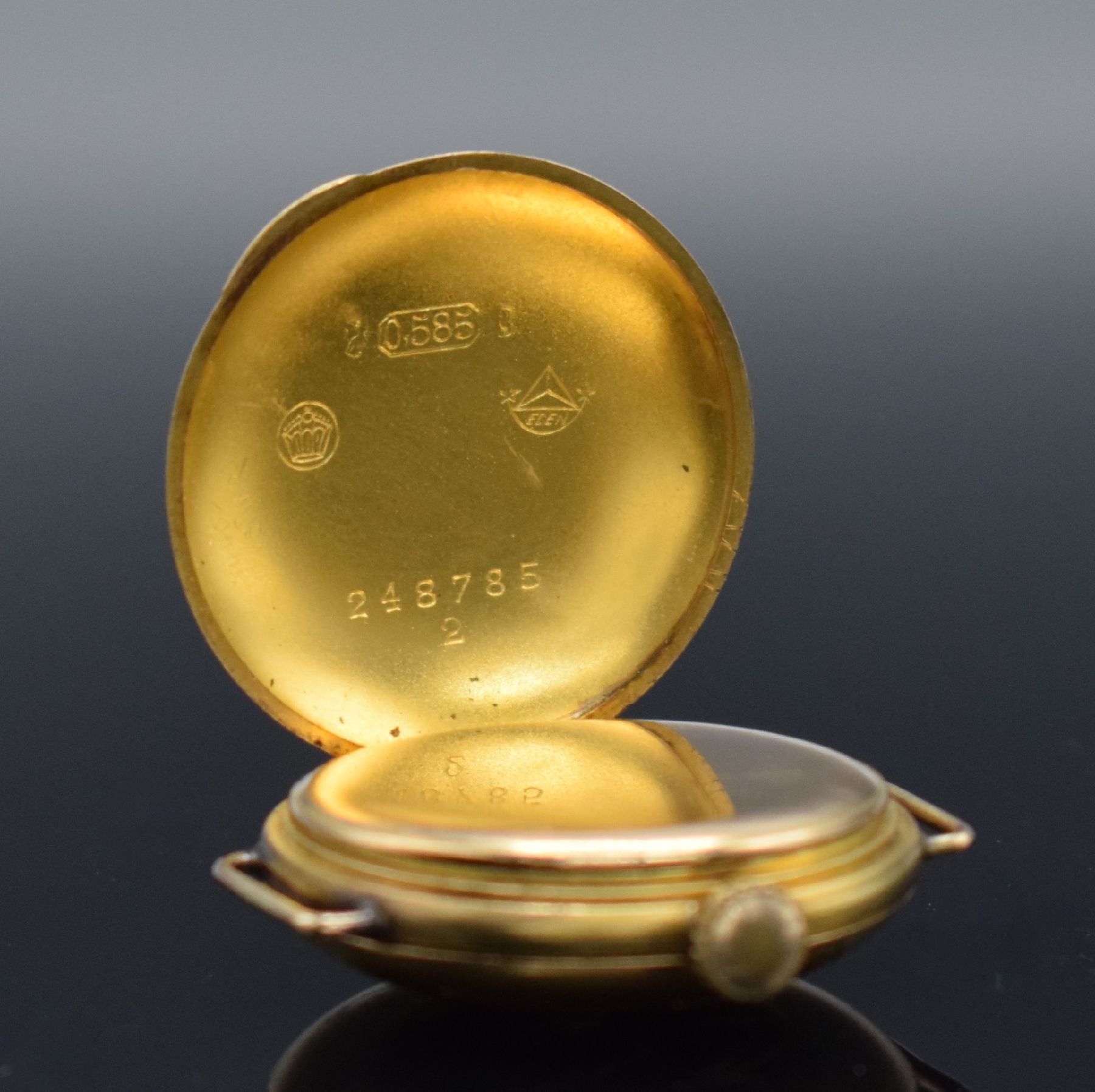 Detail i: Konvolut: 2 Damentaschenuhren in RG & GG 585/000, Schweiz um 1908, beide Emailzifferbl. m. röm. Std., 1 x EDEN 3-Deckel Gold Savonette umgebaut zur ...