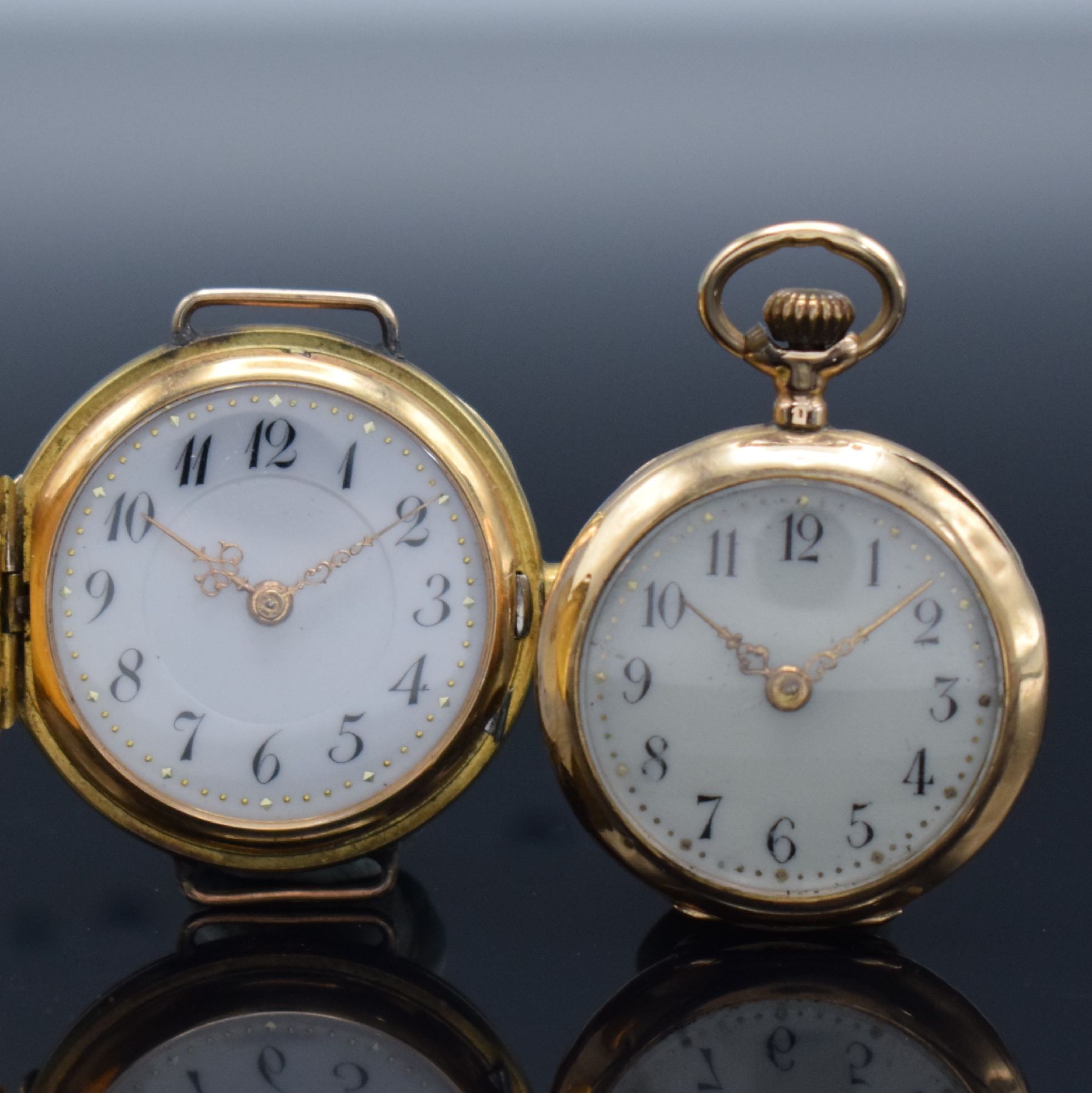 Detail l: Konvolut: 2 Damentaschenuhren in RG & GG 585/000, Schweiz um 1908, beide Emailzifferbl. m. röm. Std., 1 x EDEN 3-Deckel Gold Savonette umgebaut zur ...