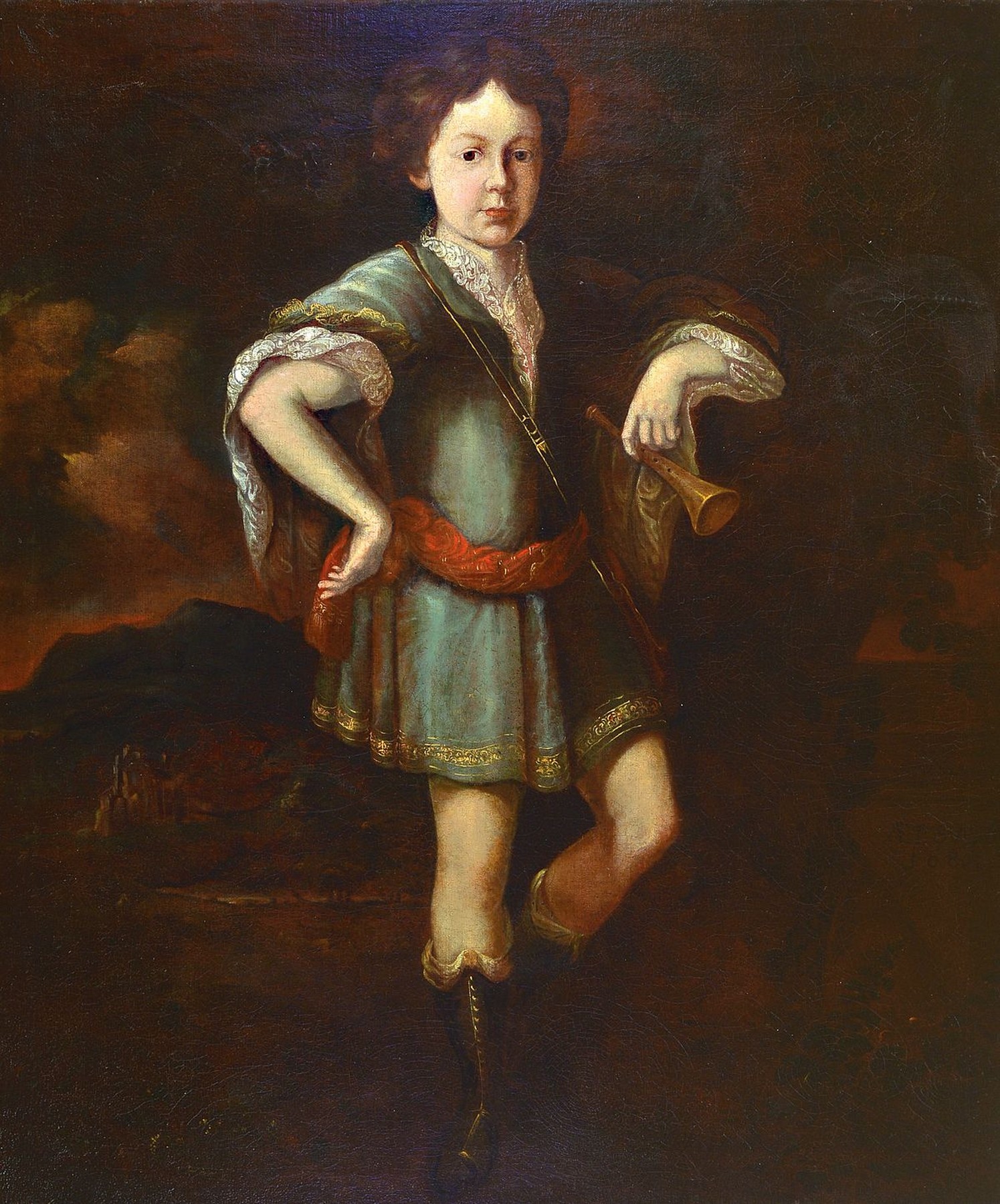 Französischer Porträtist aus dem 17. Jh., wohl Porträt des jungen Herzog von Orleans, Philippe II in jungen Jahren, im Hintergrund ...