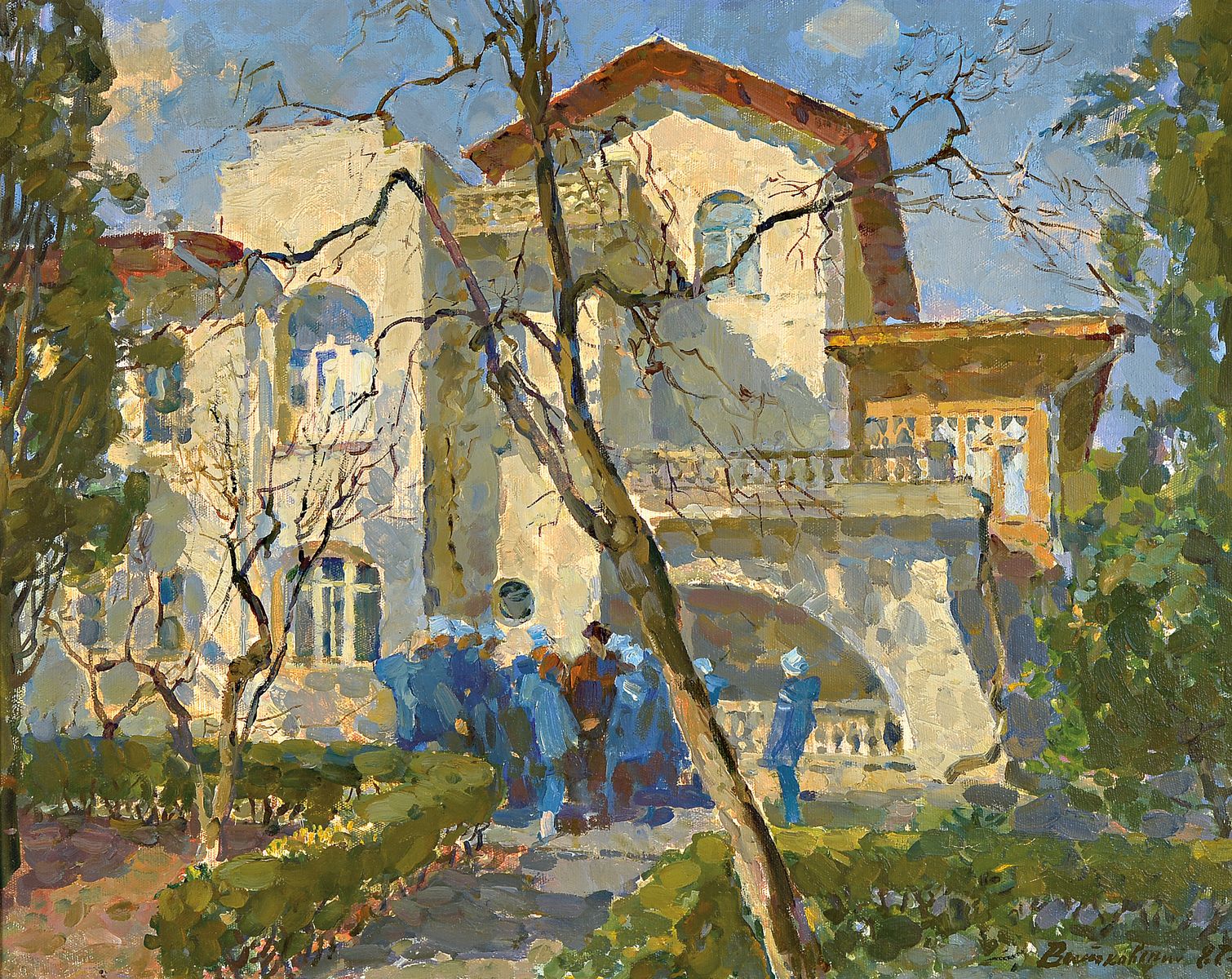 Levi Kowski, russischer Maler, datiert 1987, Öl/Lwd, signiert, rückseitig bezeichnet, Villa mit Jugendlichen im Garten, ca. 55 x 70 cm