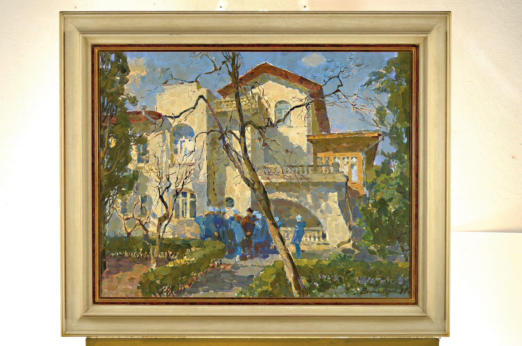 Detail k: Levi Kowski, russischer Maler, datiert 1987, Öl/Lwd, signiert, rückseitig bezeichnet, Villa mit Jugendlichen im Garten, ca. 55 x 70 cm