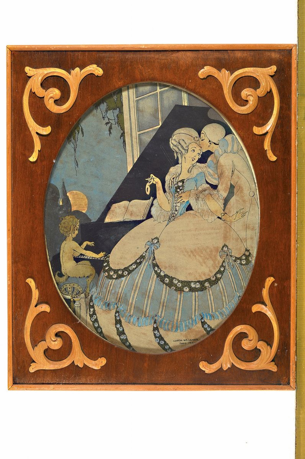 Detail k: Gerda Wegener, 1885 - 1940, Pierrot mit Sängerin und Satyr, Litho, aquarelliert, in der Darstellung signiert und bez. Paris, altersbedingt gebräunt ...