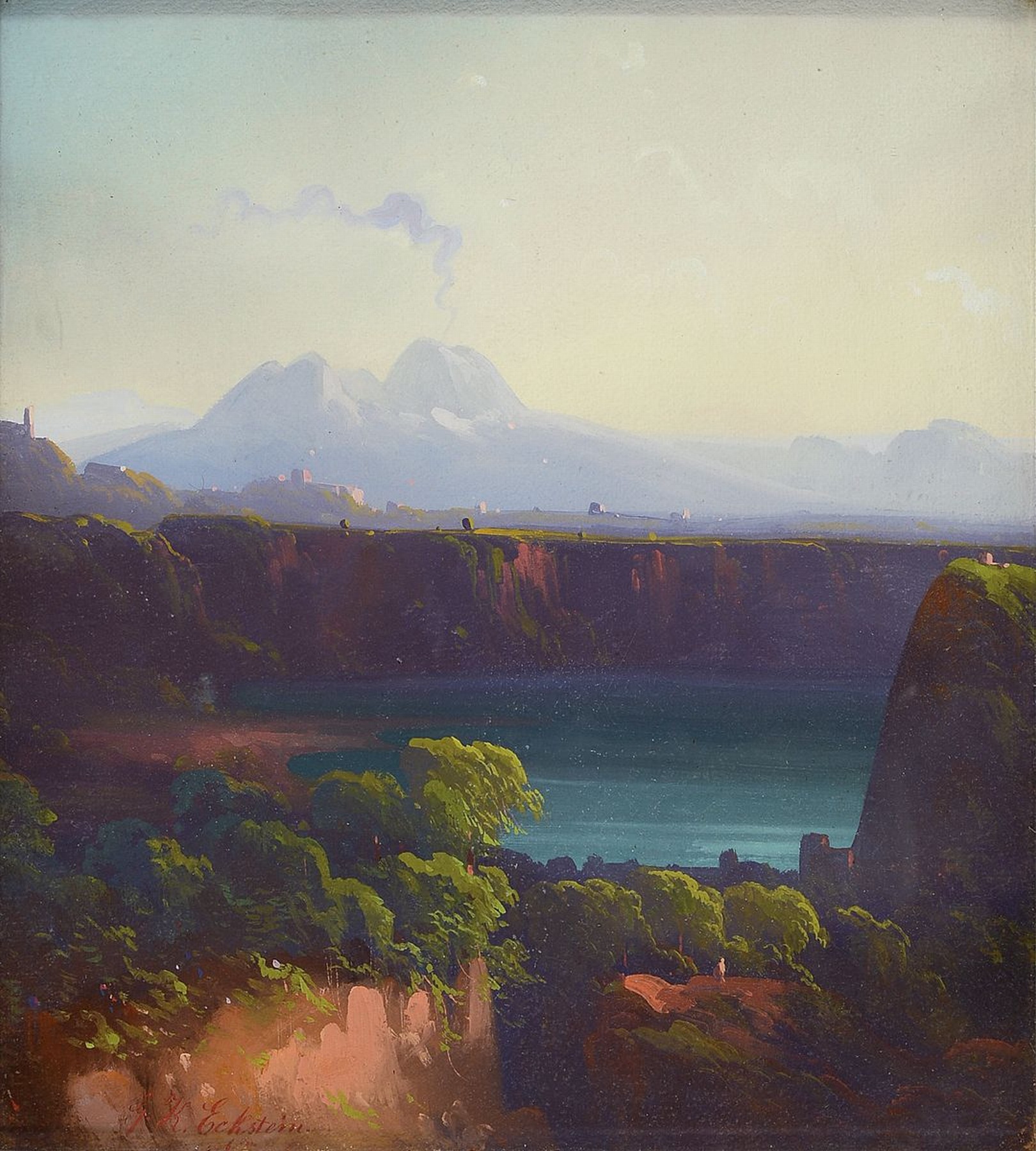 G. K. Eckstein, wohl süddeutscher Maler, um 1870, Gouache auf Papier, neapolitanische Landschaft mit Vesuv, li. unten signiert in Rot, ca. 34 x 30 ...