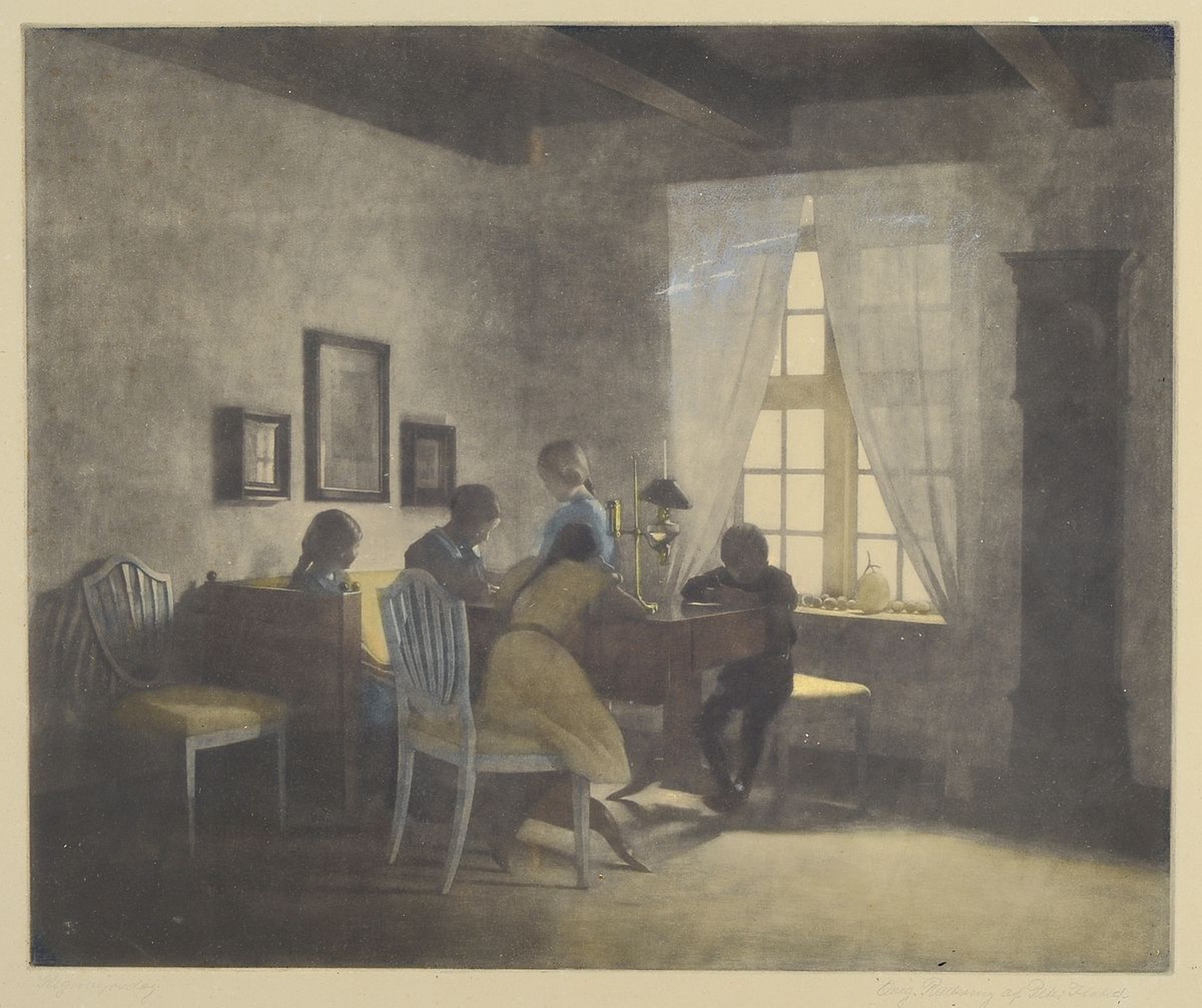 Peter Ilsted, 1861 - 1933, bekannter dänischer Maler und Grafiker, Radierung, bezeichnet Orig. Radernig of Peter Ilstedt, Kinder beim Schreiben am ...