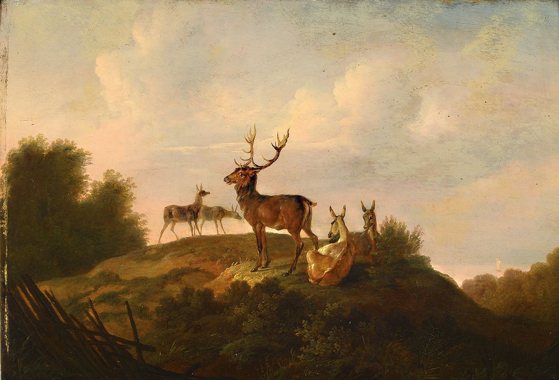 Umkreis Johan Thomas Lundbye, 1818 - 1848, Hirsche auf erhöhter Lichtung, feine lasierende Malerei auf Holzplatte, reiche Differenzierung in den ...