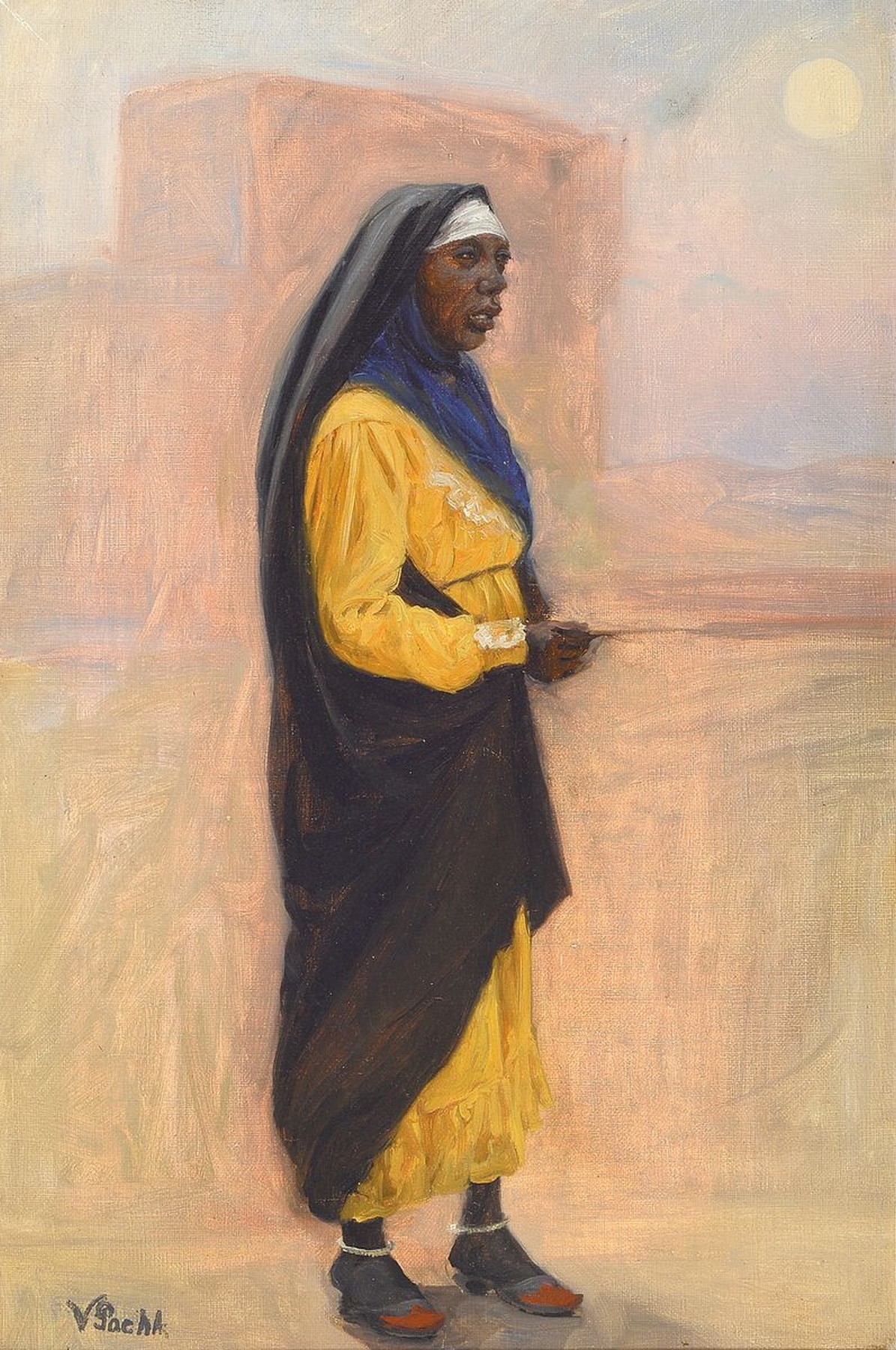 Vilhelm Pacht, 1843 - 1912, dunkelhäutige Nonne vor orientalischer Landschaft, Öl/Lwd., zarte, fast pastellhafte Tonigkeit, im Gegensatz zum ...