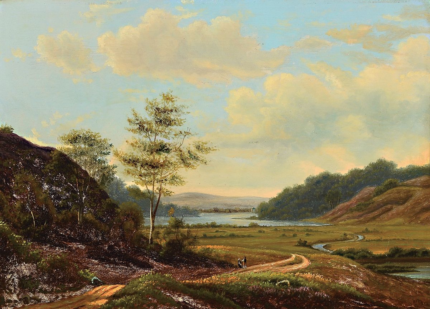 Zuschreibung Frederik Christian Kiaerskou, 1805 Kopenhagen - 1891, dänische Landschaft mit Spaziergänger, Öl/Holz, unsigniert, berieben bzw. ...