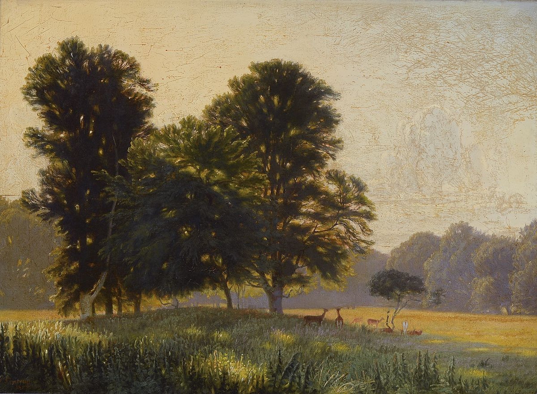 Nilaus Fristrup, 1837 - 1909, Landschaft mit Rehen, Öl/Lwd, re. unten signiert N. Fristrup 1885, 41 x 60 cm, Rahmen 68 x 85 cm,