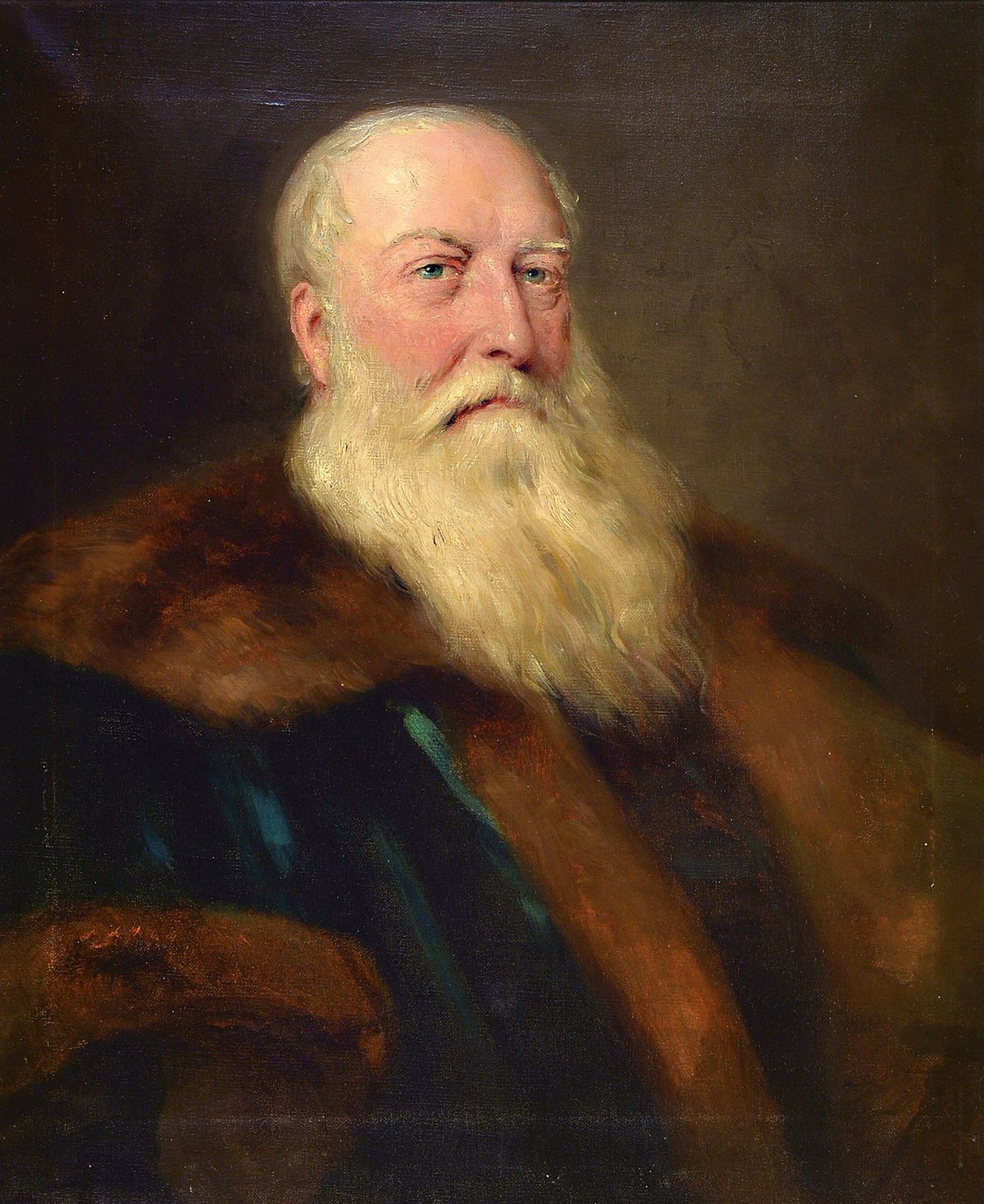 Porträtist wohl Dresdener Schule, um 1890, Darstellung wohl Herzog Georg II. von Sachsen-Meiningen im grünen Mantel mit Pelzbesatz, sehr feine ...