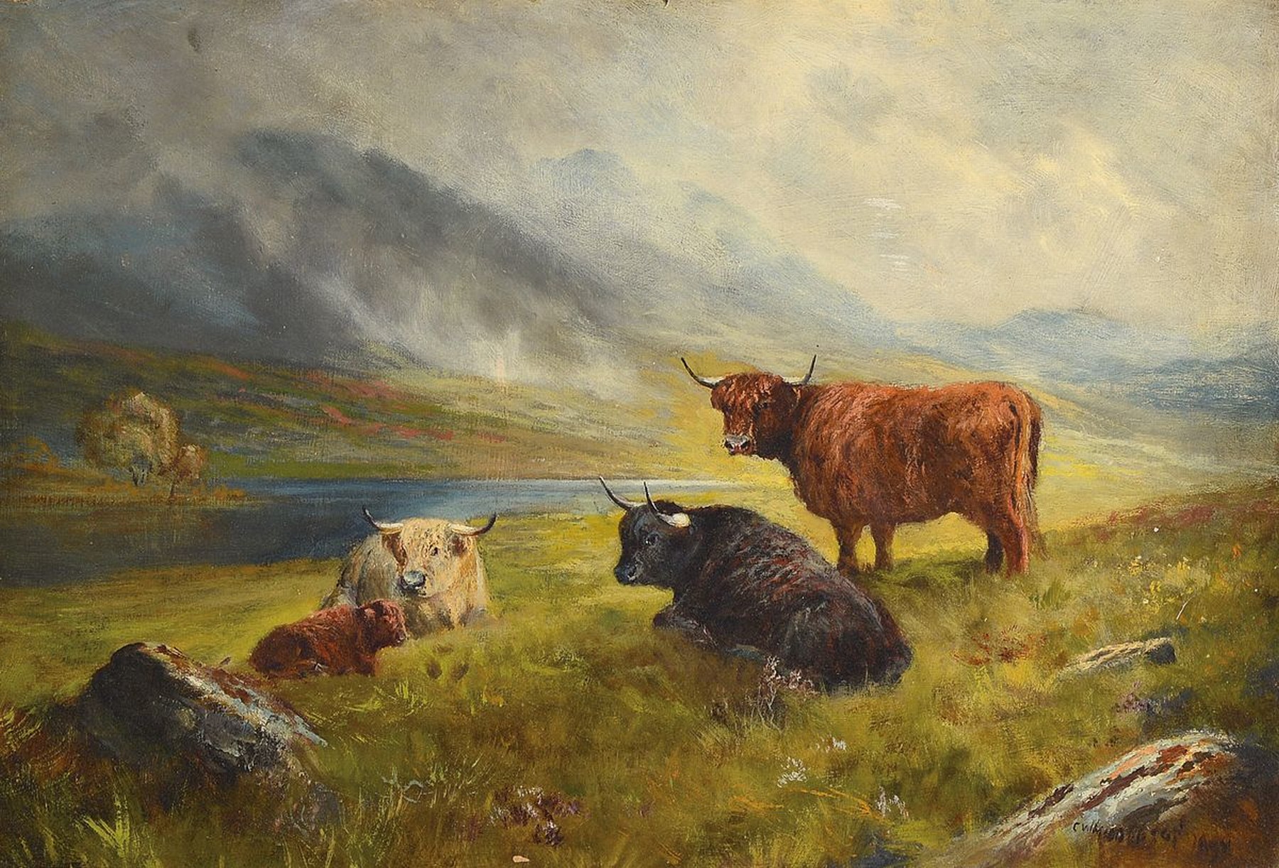 Britischer Maler, um 1920/30, schottische Hochlandrinder auf der Weide, Öl/Malkarton, re. unten unleserlich signiert, Altersspuren, ca. 40 x 60 cm, ...